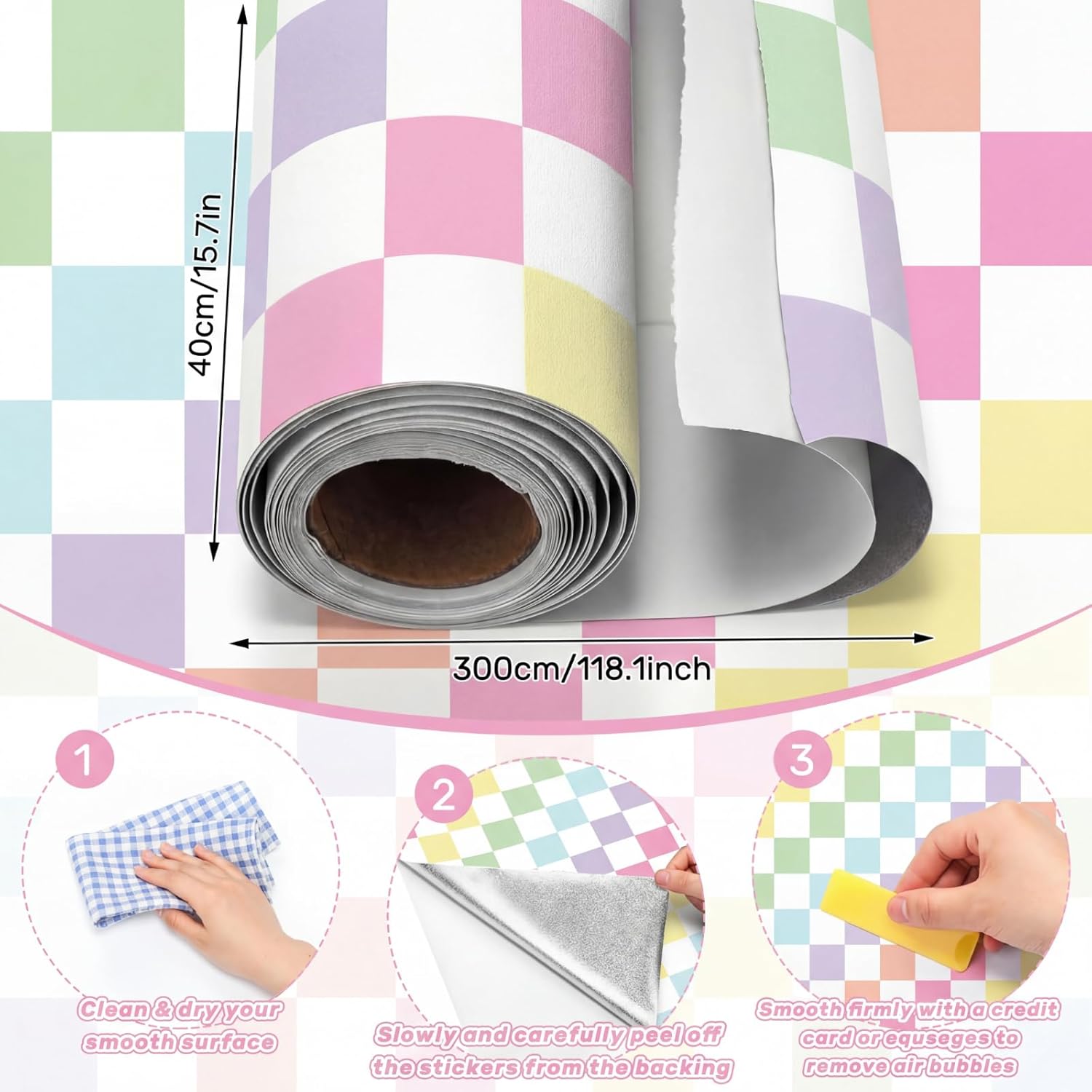 Checkers Wallpaper Peel Stick Contact Paper in Rainbow Checkered / Pastel / 15.8 x 118.1 / Checker