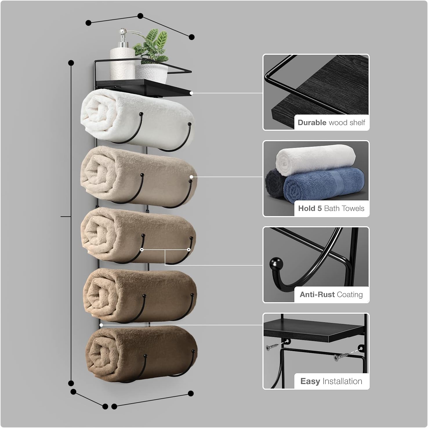 Sorbus Wall Towel Rack, 5-Tier Wood Shelf, Wall Mounted (Black) | Five-tier metal holder for rolled bath towels