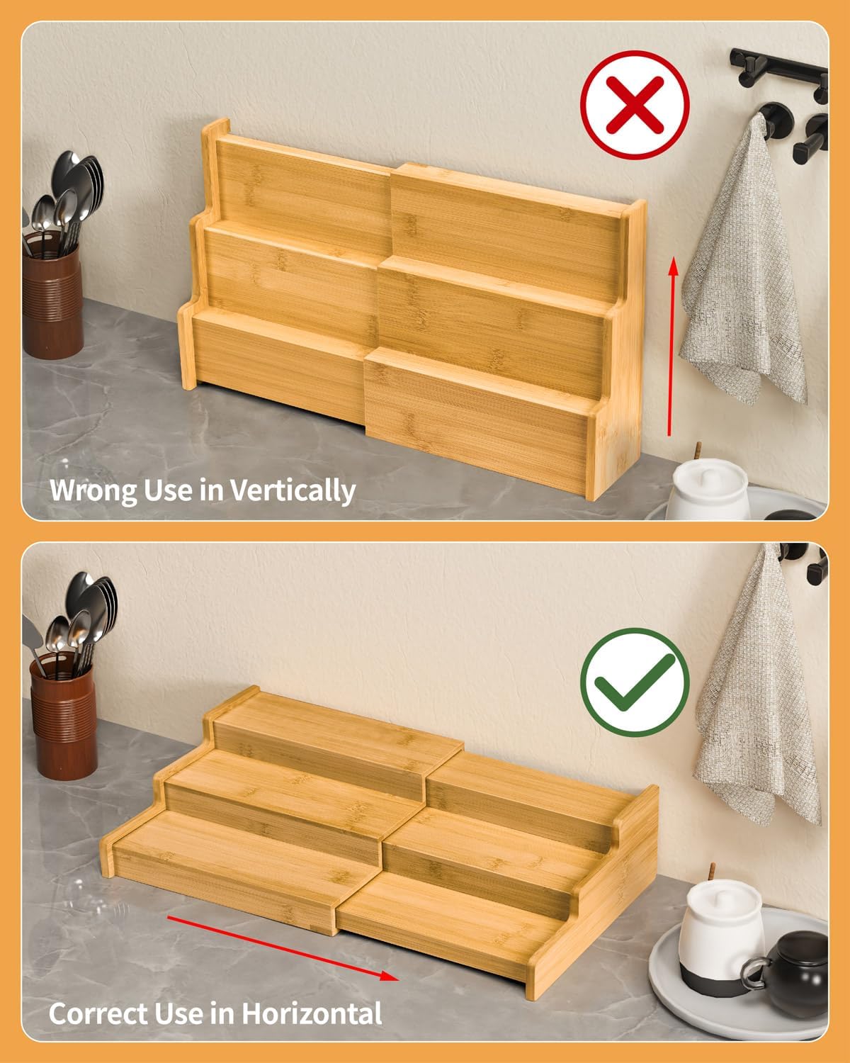 Spice Rack 3-Tier Natural Bamboo, Adjustable Cabinet Organizer Shelf | Expands 8.7-15.6"cabinets. Stepped design