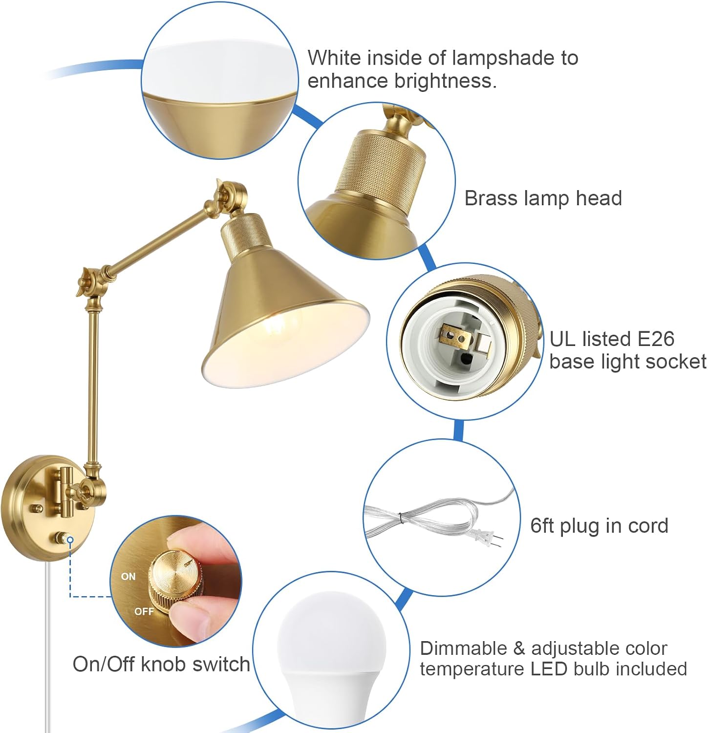 TRLIFE Wall Sconce with Remote Control, Brushed Brass Plug in Wall Sconces Dimmable and Adjustable Color Temperature