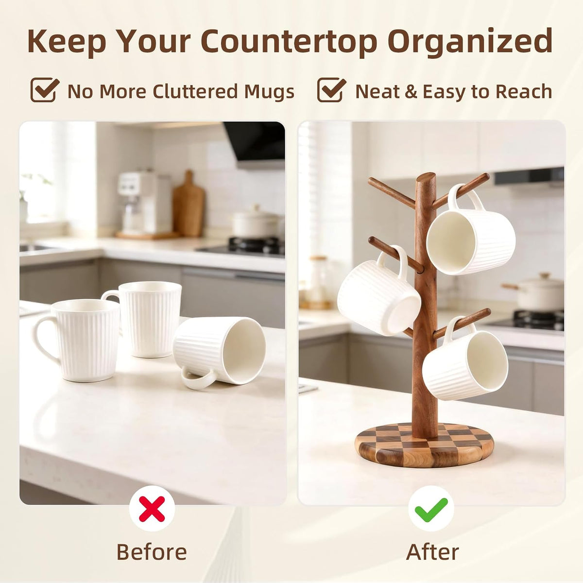 Natural Wood Mug Holder for Counter Top, Acacia Wood Coffee Mug Tree | Non-Slip Wooden Mug Organizer for Kitchen