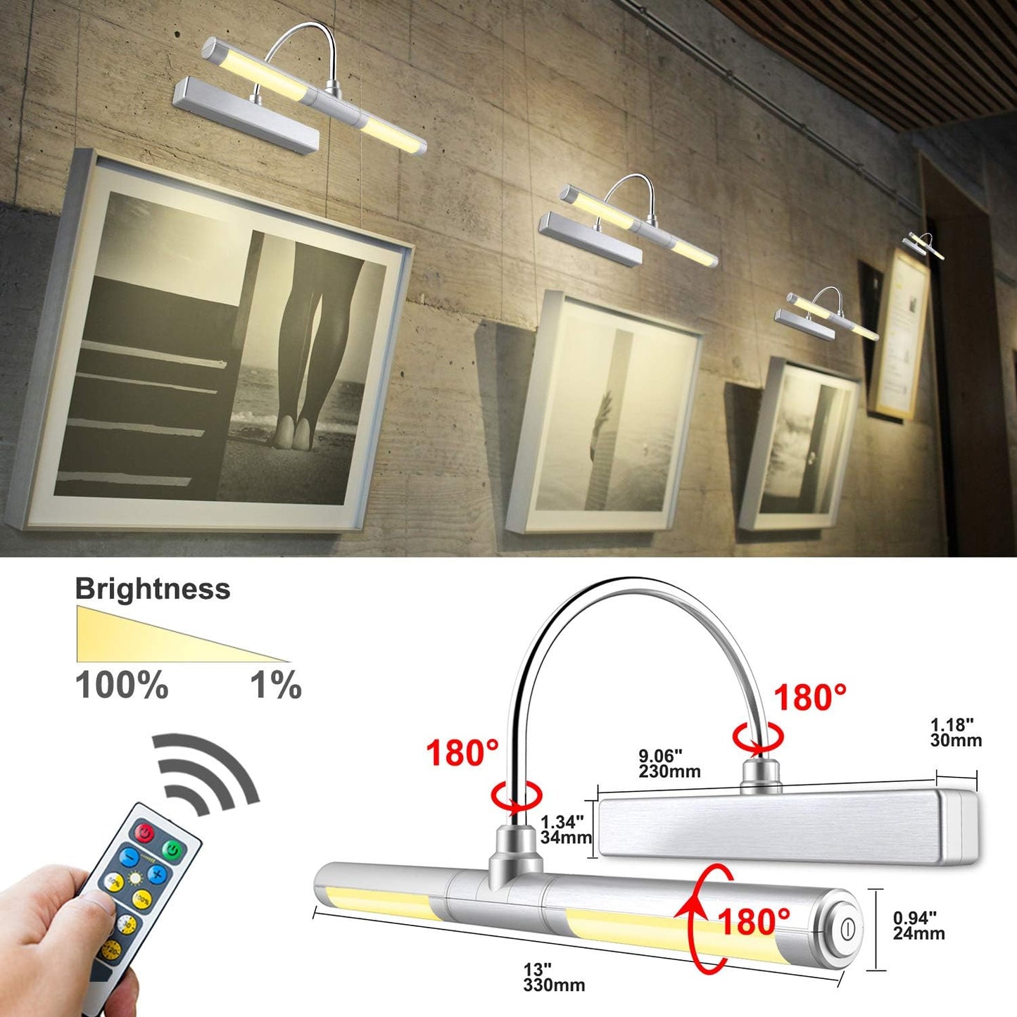 LUXSWAY Wireless Battery Operated Picture Light with Remote Control, Dimmable & Timer, 180° Adjustable Head for Wall