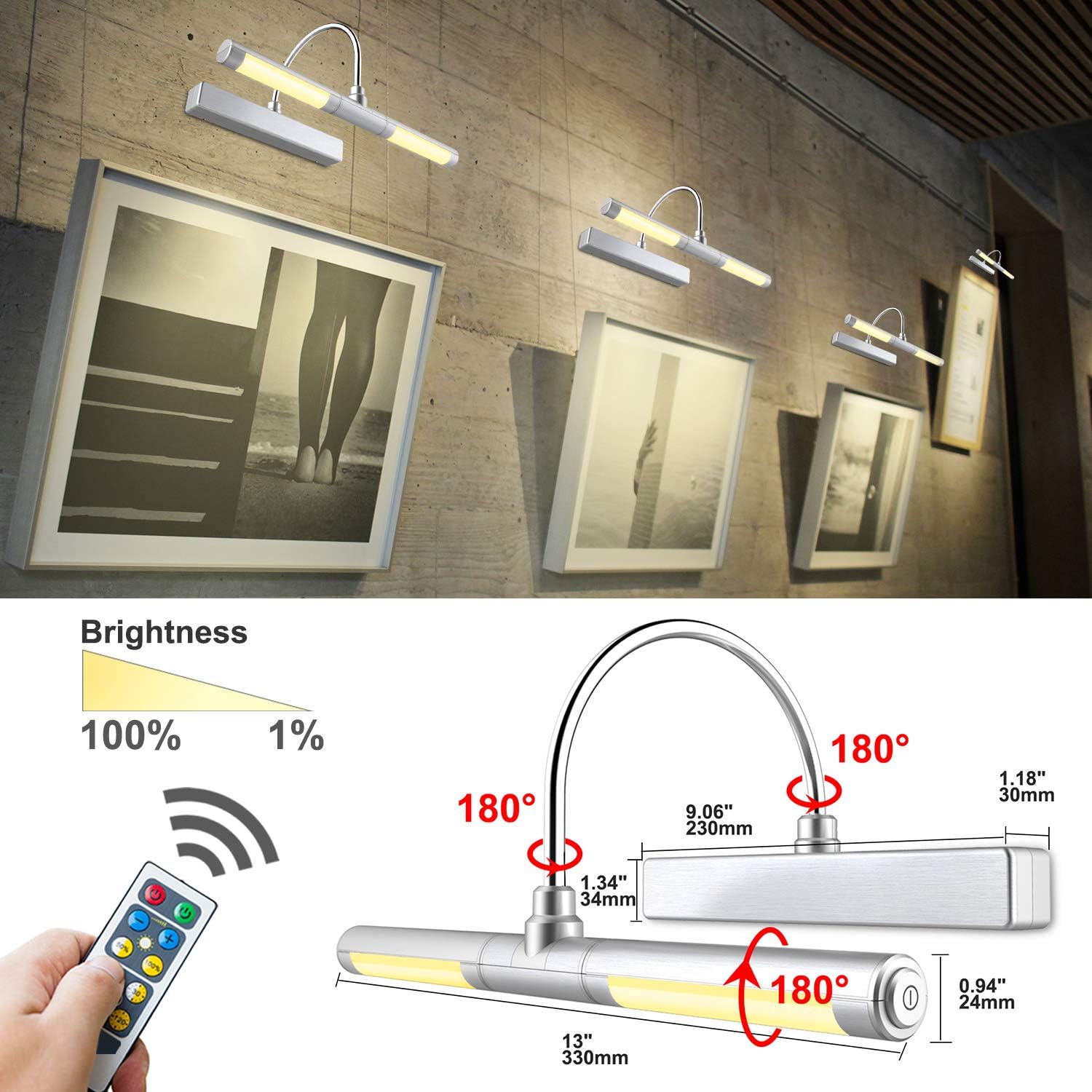 LUXSWAY Wireless Battery Operated Picture Light with Remote Control, Dimmable & Timer, 180° Adjustable Head for Wall