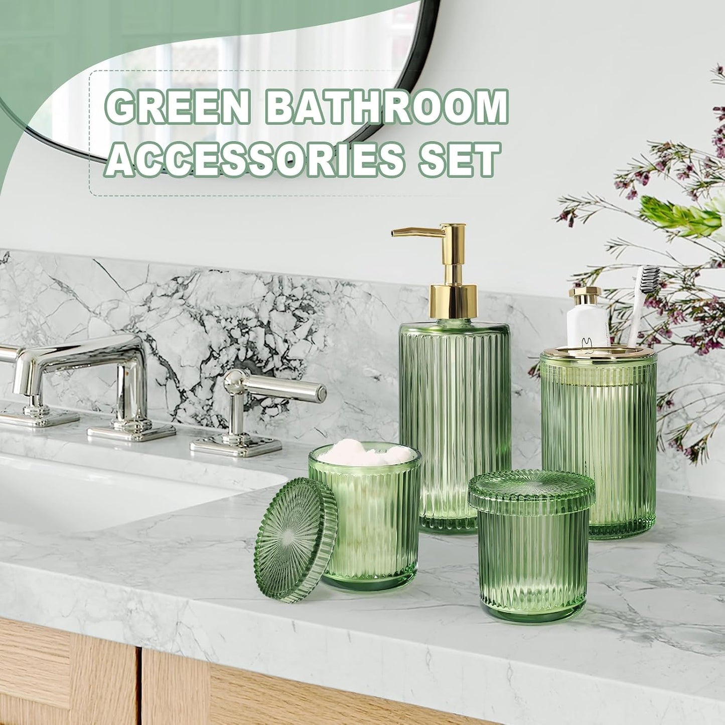 Green Glass Bathroom Accessories 4 Pcs, Green Bathroom Set, Soap Dispenser and Toothbrush Holder Set, Qtip Holder Set