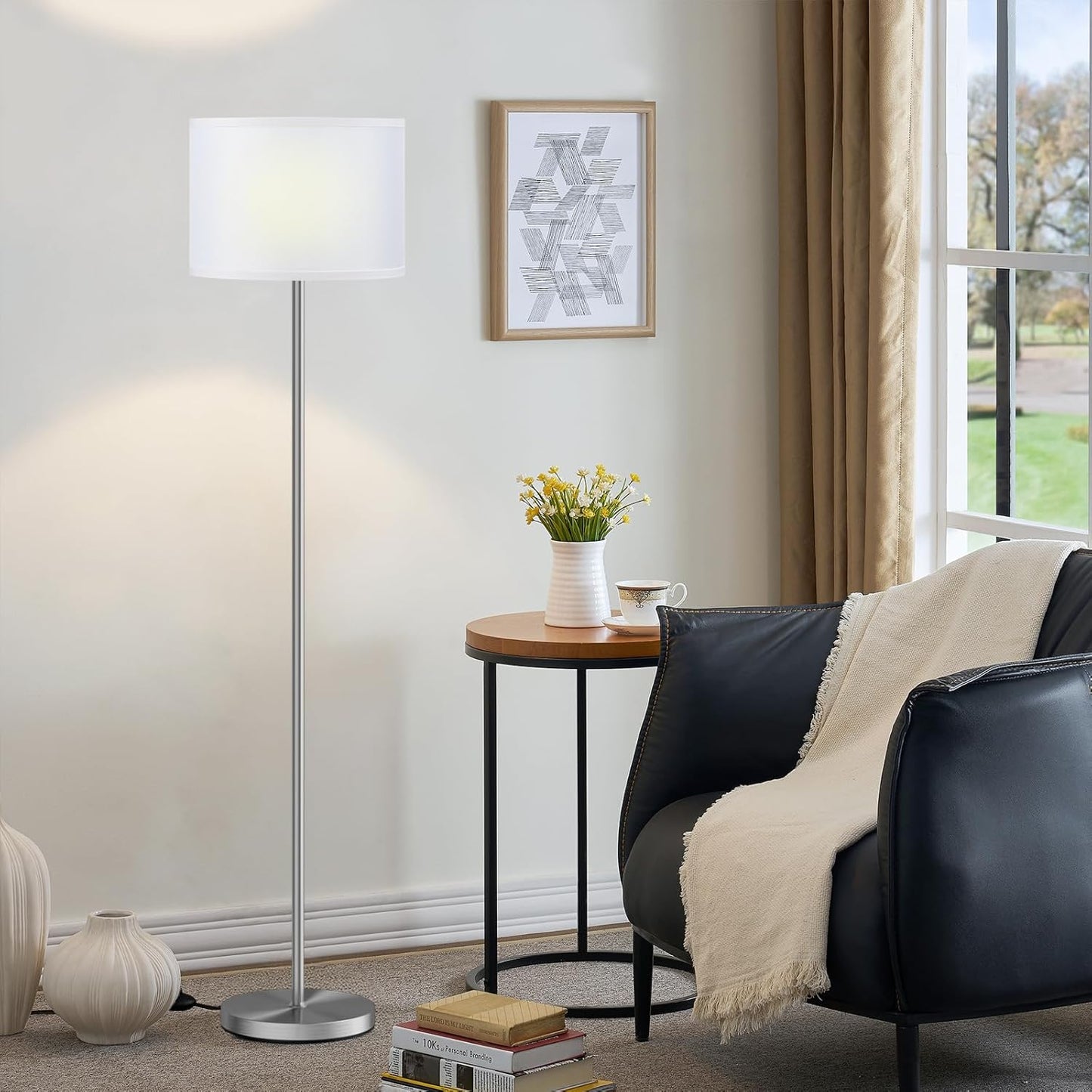 Ambimall 60'' Modern Floor Lamp with Shade, Tall Lamps for Living Room, Bedroom, Office, Dining Room, White Shade with