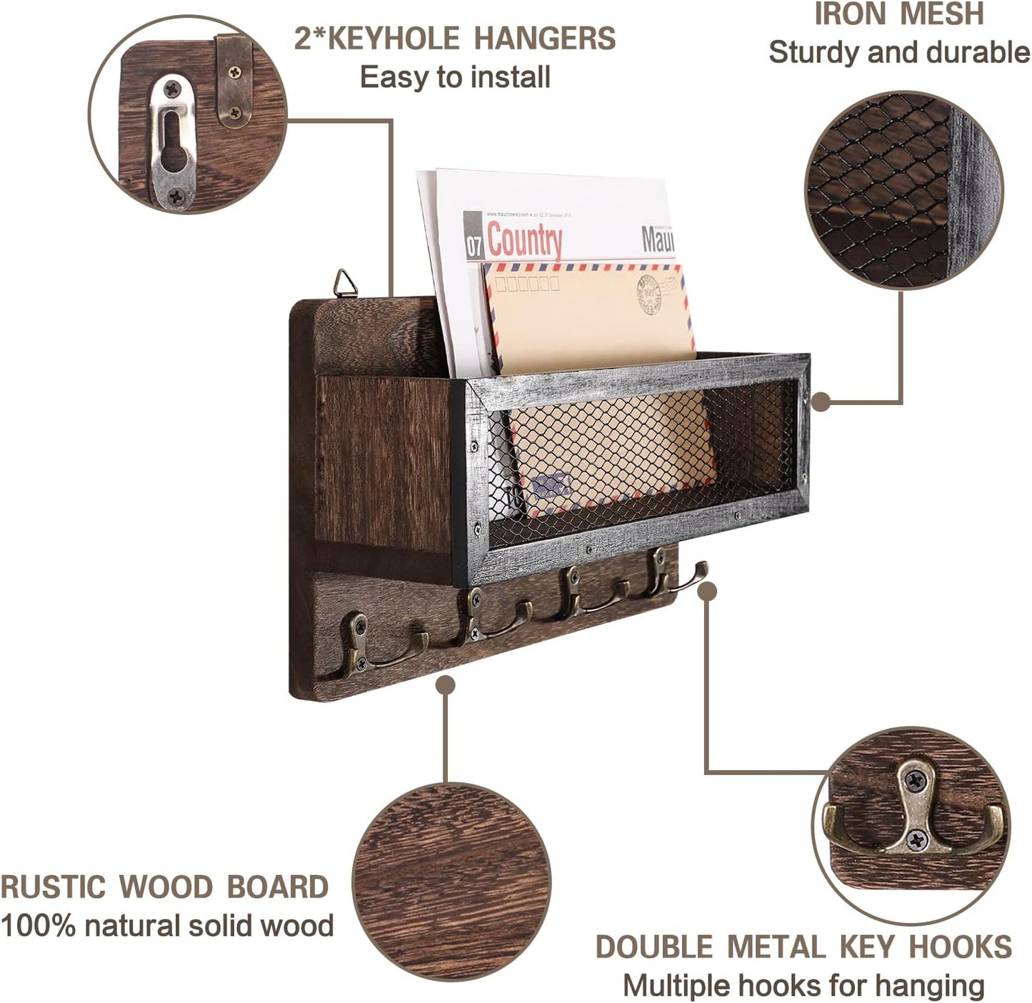 Wooden Wall Mount Key Rack Hanger Organizer / Brown