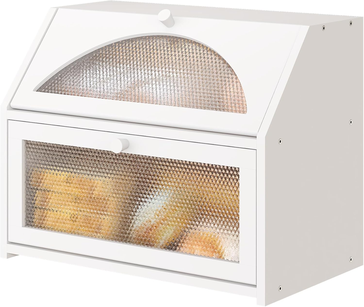 White Bread Box, Bamboo Wood Bread Box for Kitchen Counter, Double-layer Bread Storage Bin, Acrylic glass with Diamond
