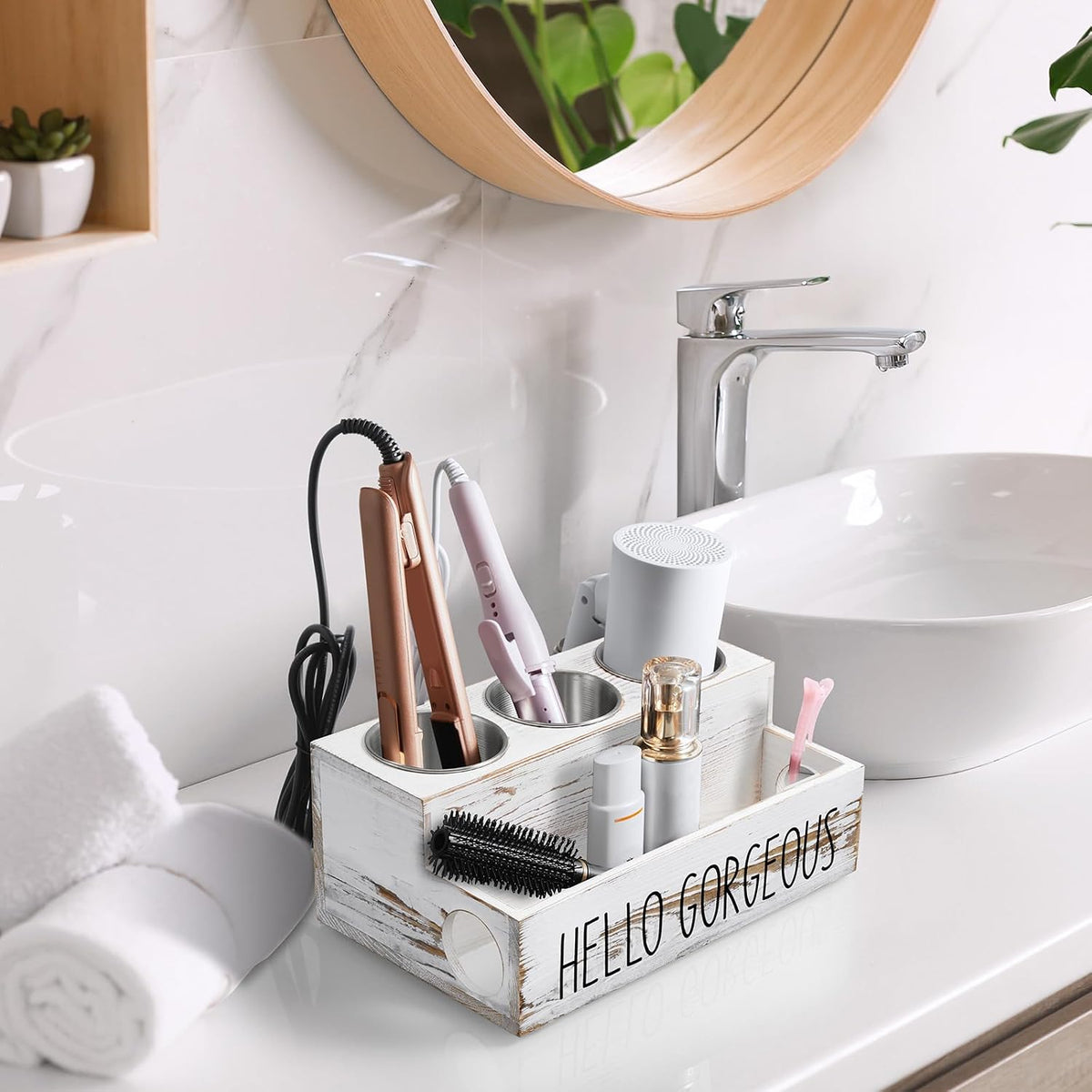 Bivvclaz Hair Tool Organizer, Rustic White Wood Hair Dryer Holder Countertop, Wall Mount Hot Tools Organizer for Hair