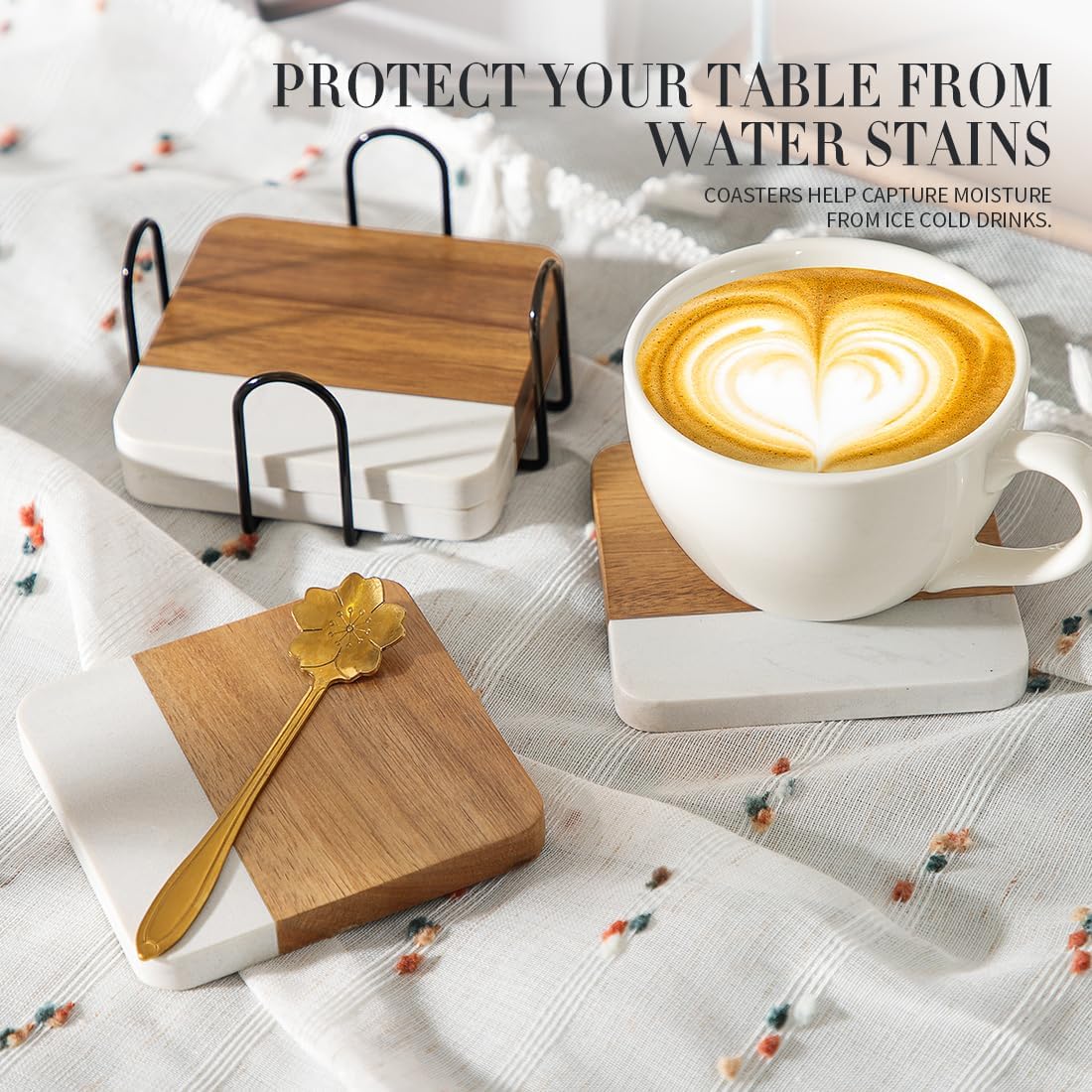 Holder / Acacia Wood Marble Coasters for Drinks / White Marble + Holder / Set of 4