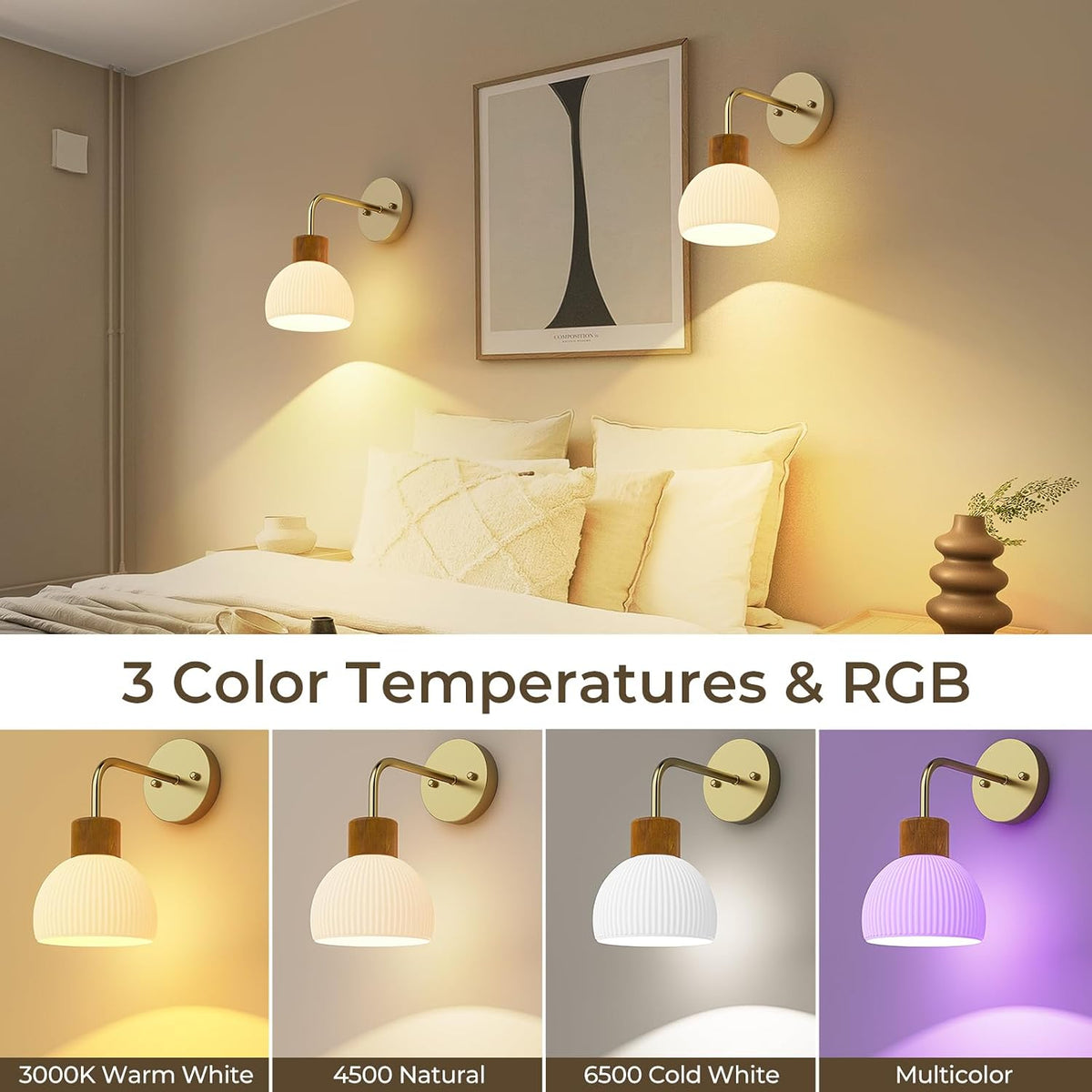 Glass Battery Operated Wall Sconces Set of 2, Rechargeable Wall Lamp with Remote, 12 Colors Dimmable Wireless Sconces