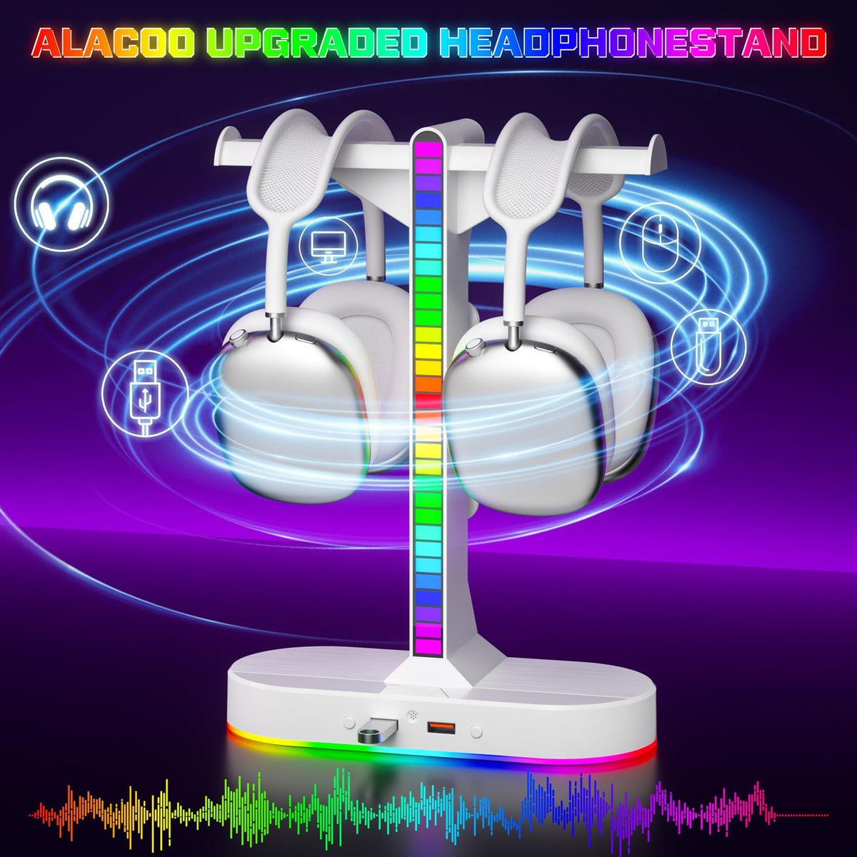 Cool RGB Headphone Stand with Charging Station - Sleek Dual Headset Holder, 3 USB Ports & 3.5mm Audio, 8 Light Modes