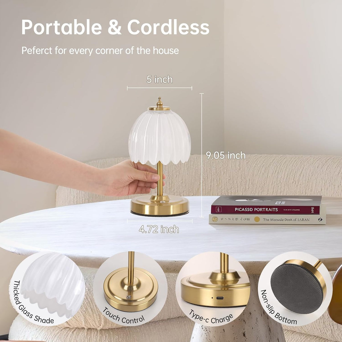 Shenmoyl Tulip Small Table Lamp, 5200mAh Cordless Touch Control Mini Table Lamp with 3 Color Temps & Stepless Dimming