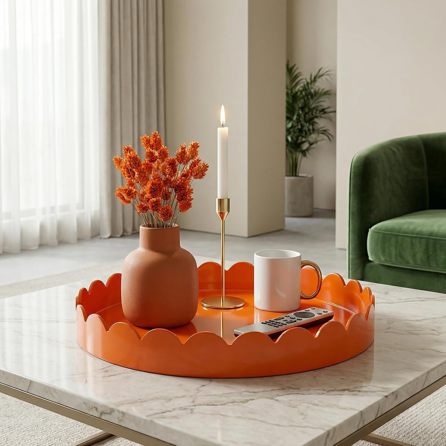 13" Round Scalloped Decorative Tray / Orange