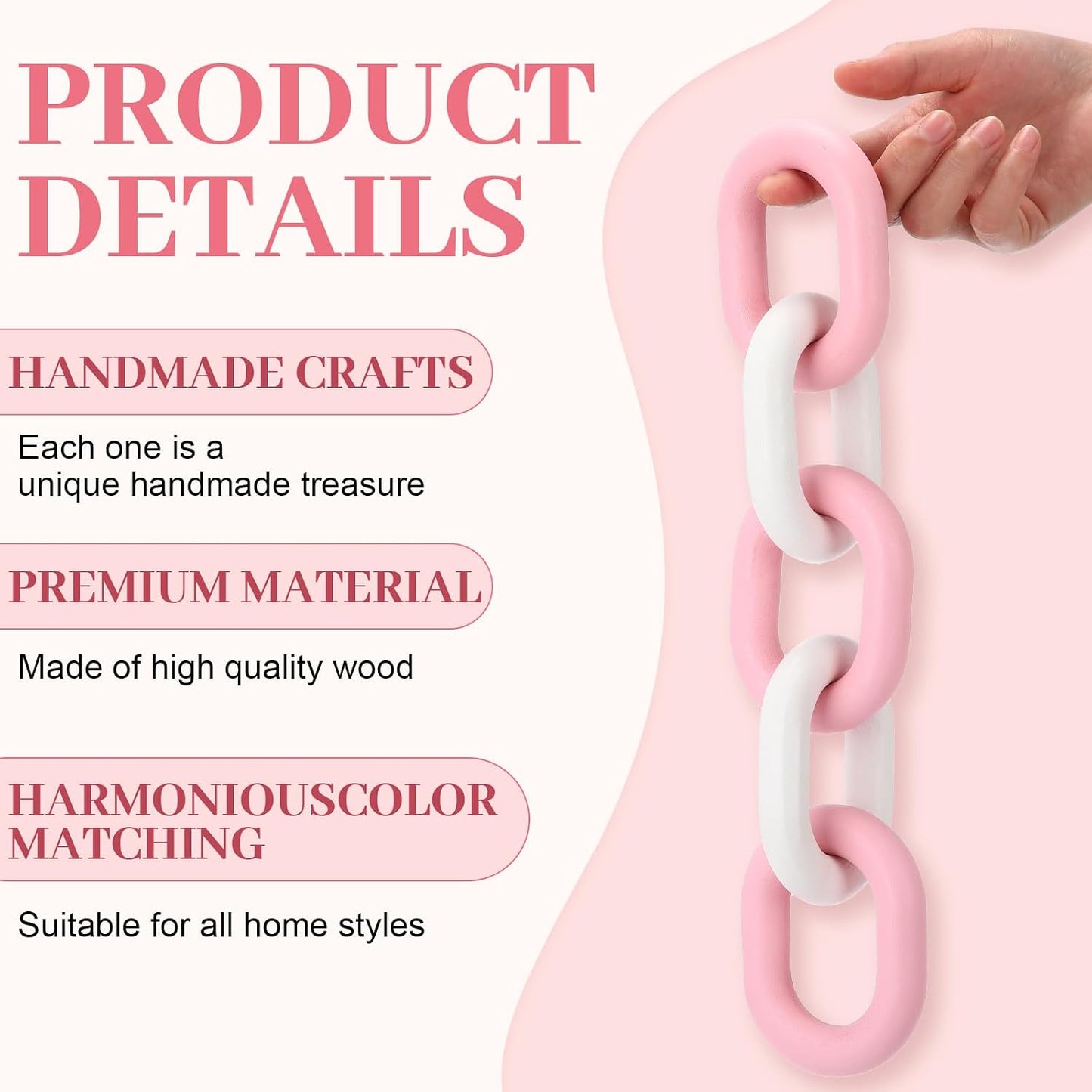 Decorative Wood Chain Link Decor Rustic 5 Link Wooden Chain Ornament / Pink White / 13.78 Inch