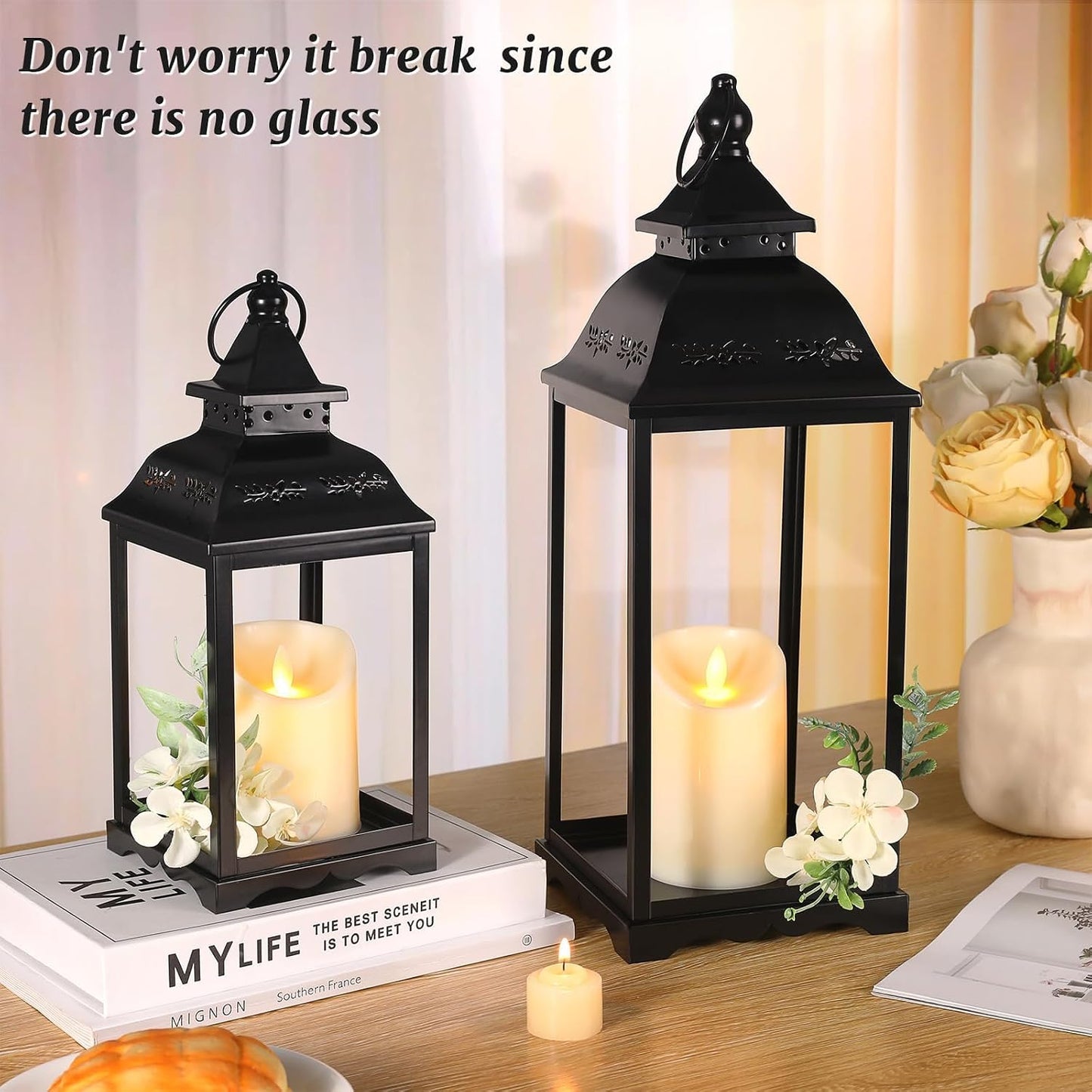 Decorative Candle Lanterns Set of 2, Black Metal for Indoor & Outdoor | Ideal For Porch, Entryway, Wedding & Christmas