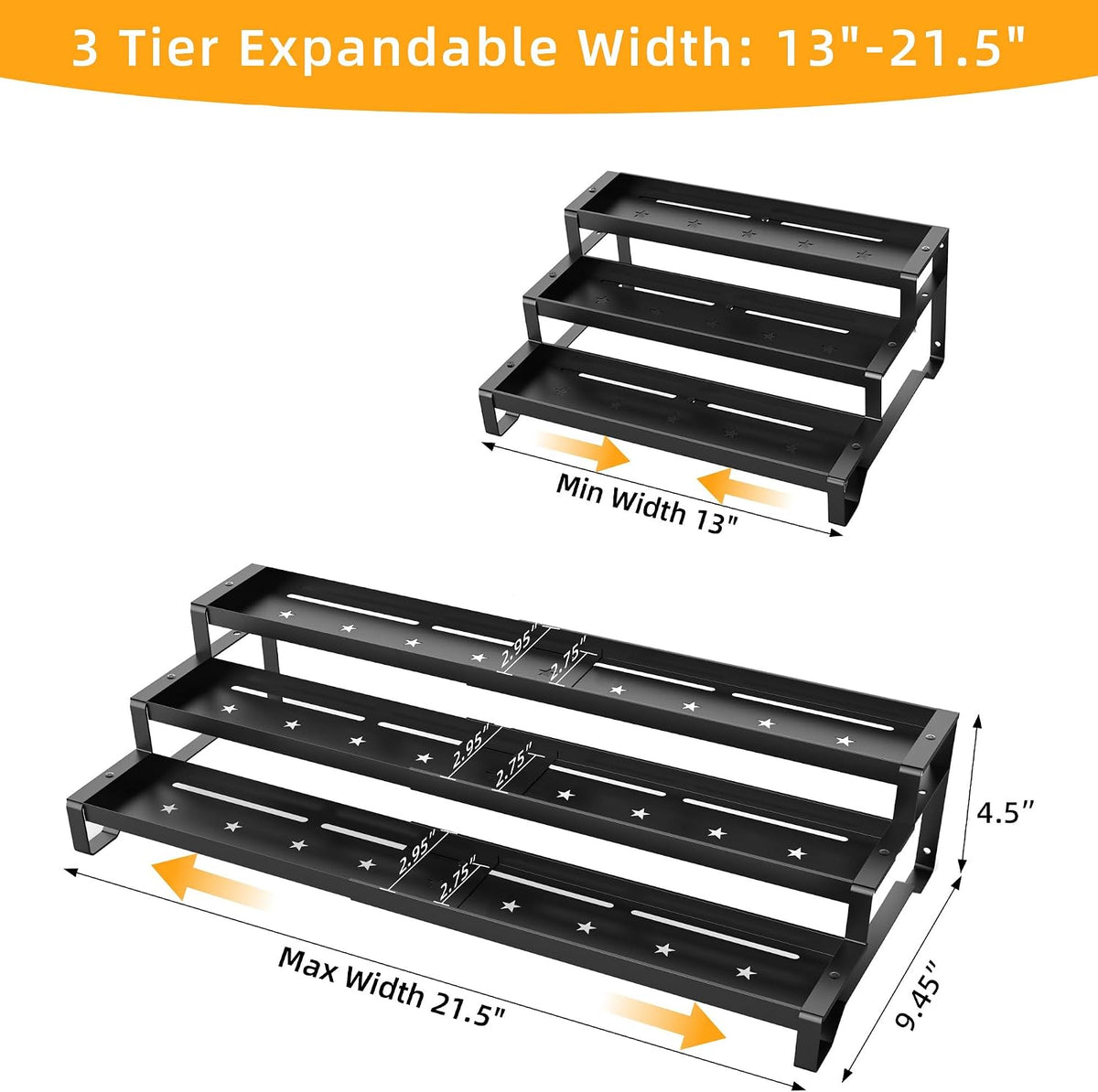 Spice Rack Organizer for Cabinet, 13-21.5" Expandable Spicy Shelf | 3-Tier Metal Seasoning Organizer, Kitchen Spice