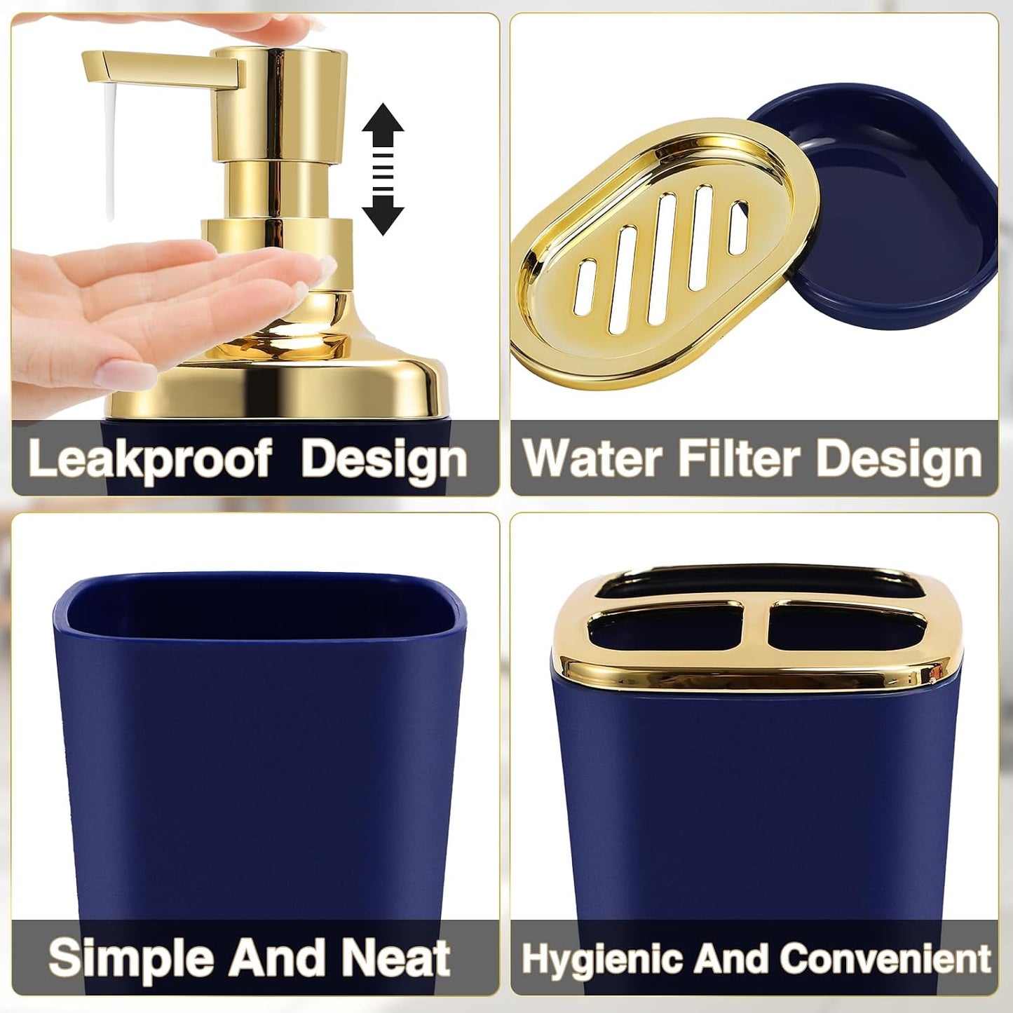 XLHOMO Navy Blue Bathroom Accessories Set 8 Piece Navy Blue and Gold Bathroom Set, Bathroom Sets with Stainless Steel