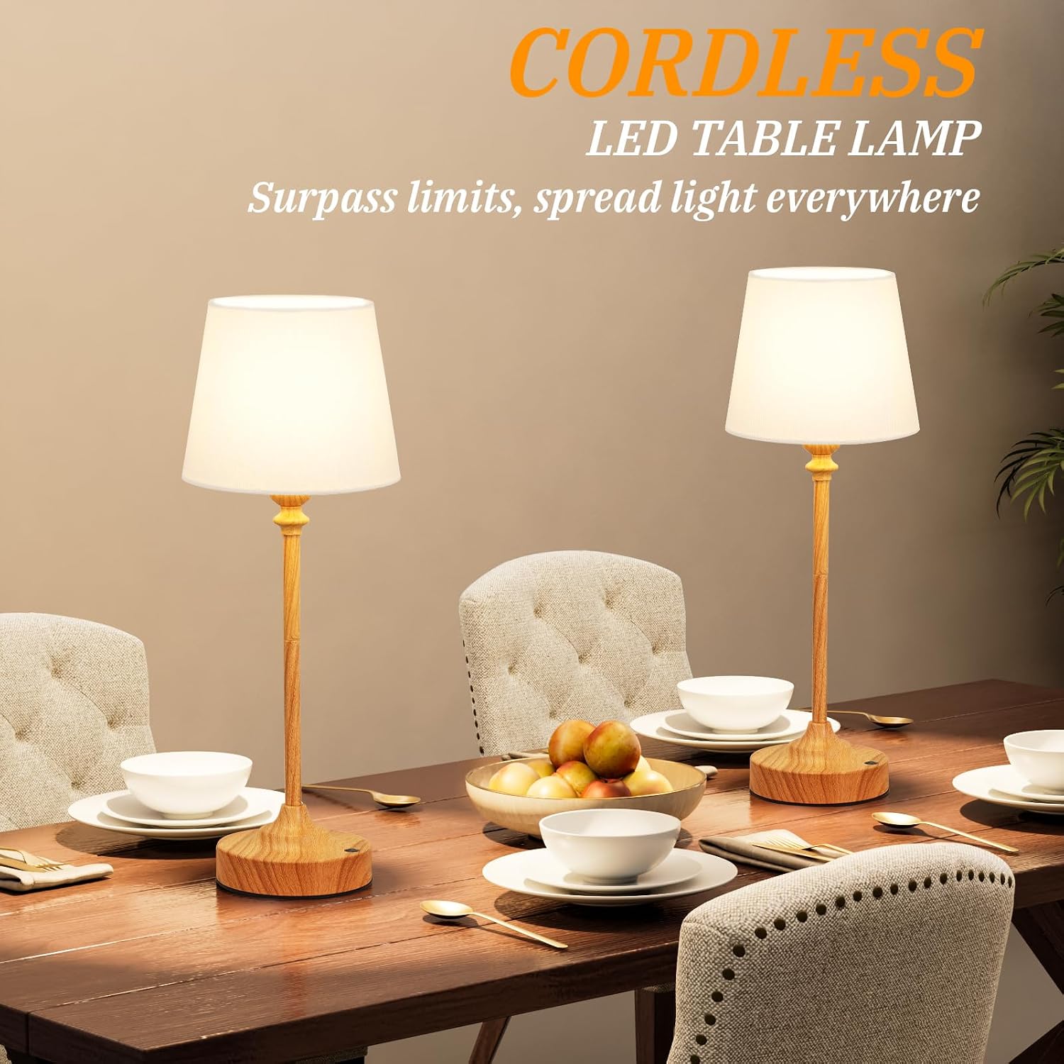 Kakanuo Cordless Table Lamps Rechargeable Set - 2 Pack Wooden 4000mAH Battery Operated Lamps for Decor, 3000K Stepless
