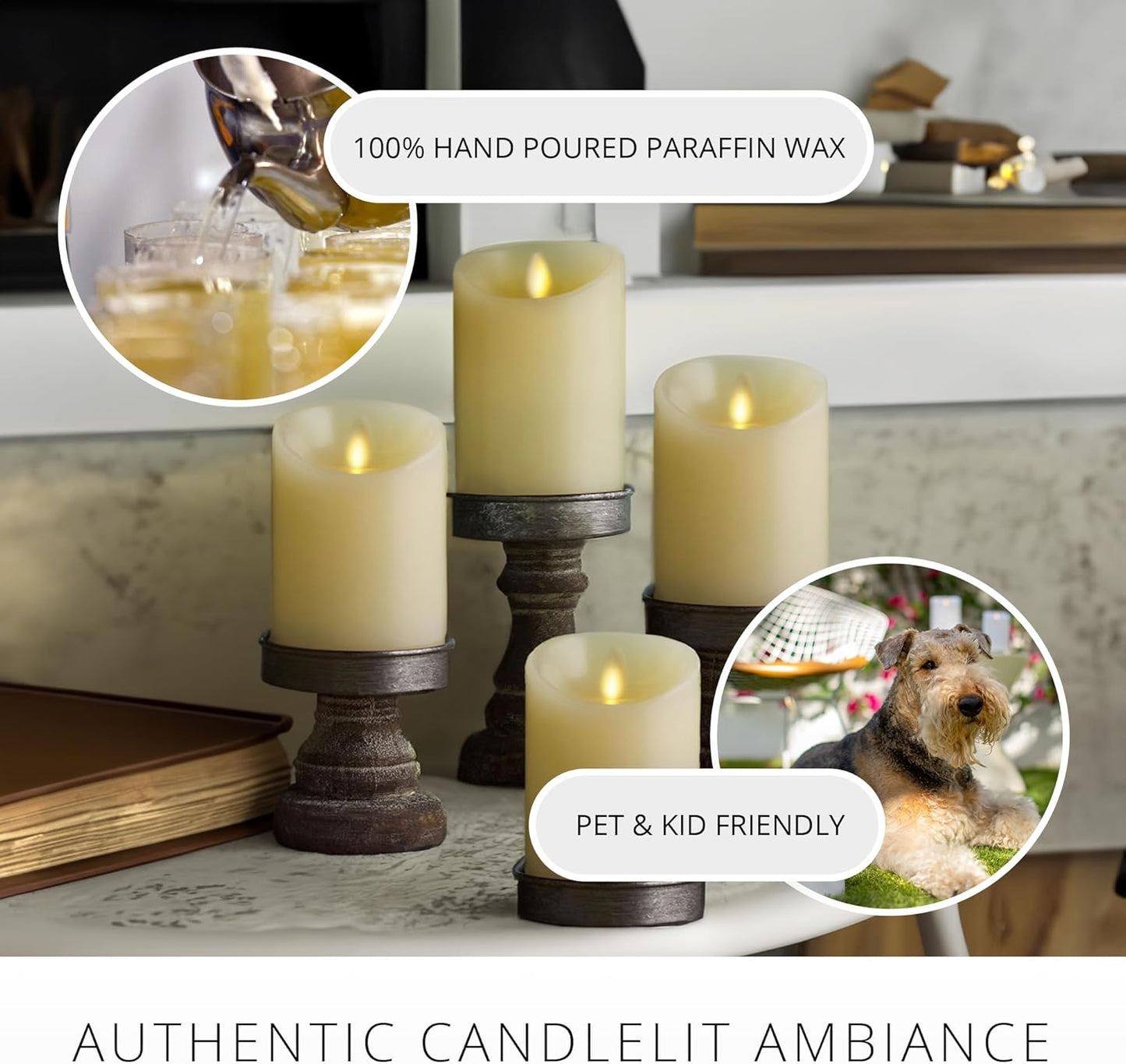 Luminara - Flameless LED Battery Operated Flickering Pillar Candles - Ivory - Pack of 4-3x4.5 - Realistic Moving Flame