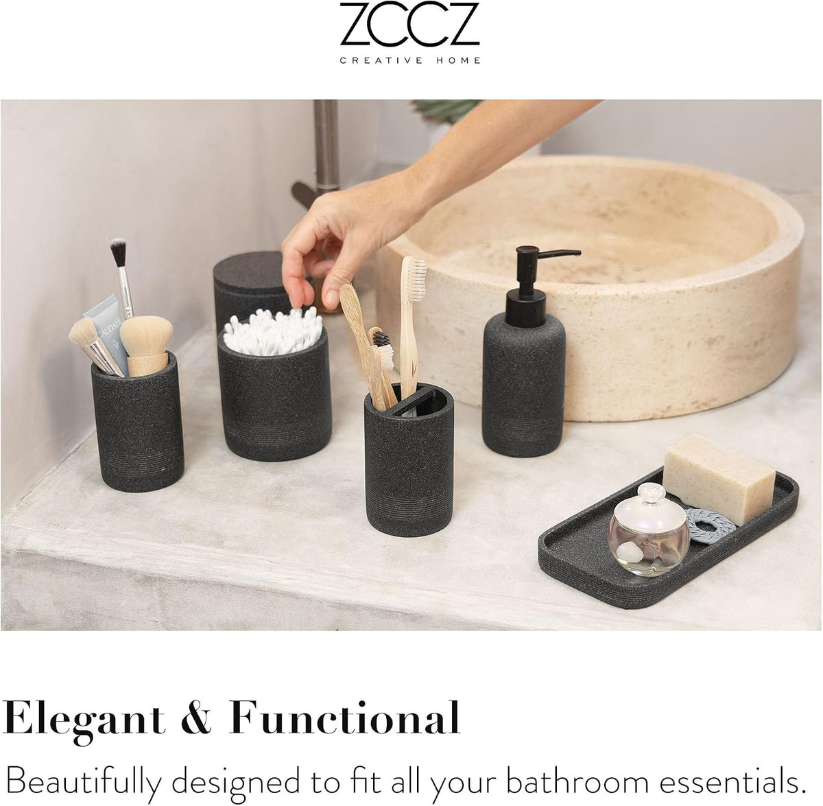 Black Stone Bathroom Accessories Set 6 Pieces - Toothbrush Holder, Lotion Dispenser, Qtip Container, Vanity Tray