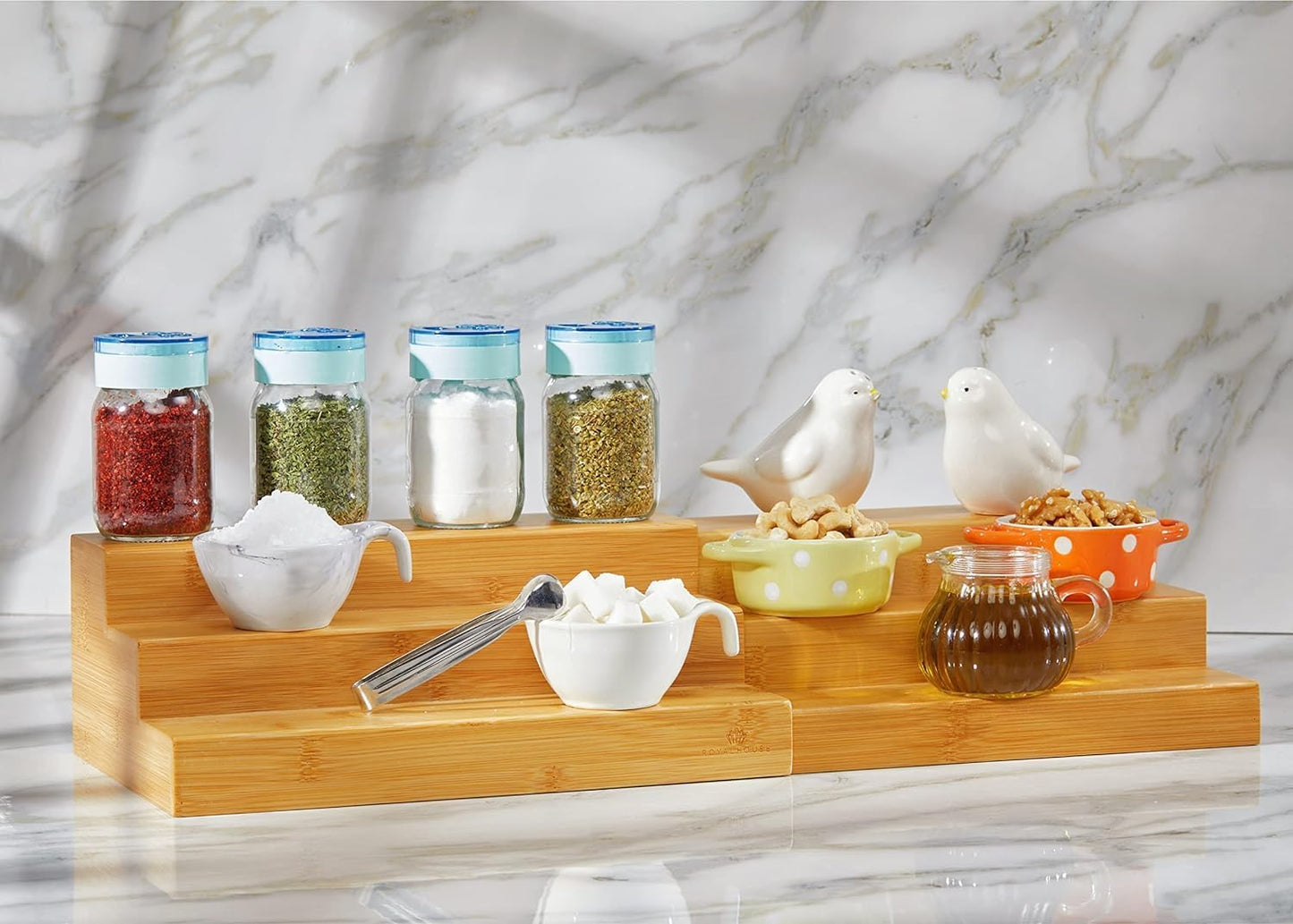 Bamboo Expandable Spice Rack Organizer, 3-Tier Adjustable Kitchen Cabinet | Countertop Display Shelf, Space Organizer