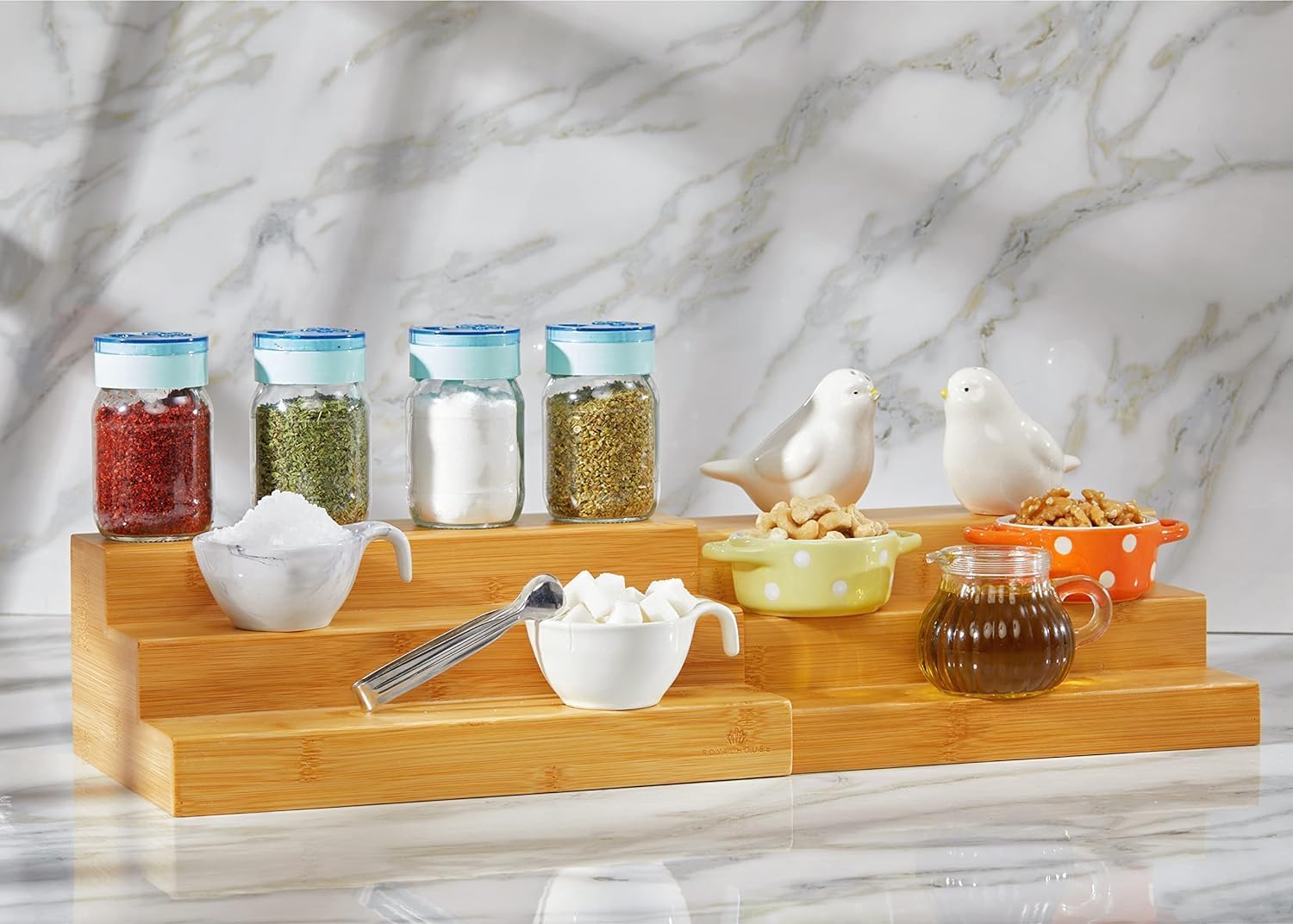 Bamboo Expandable Spice Rack Organizer, 3-Tier Adjustable Kitchen Cabinet | Countertop Display Shelf, Space Organizer