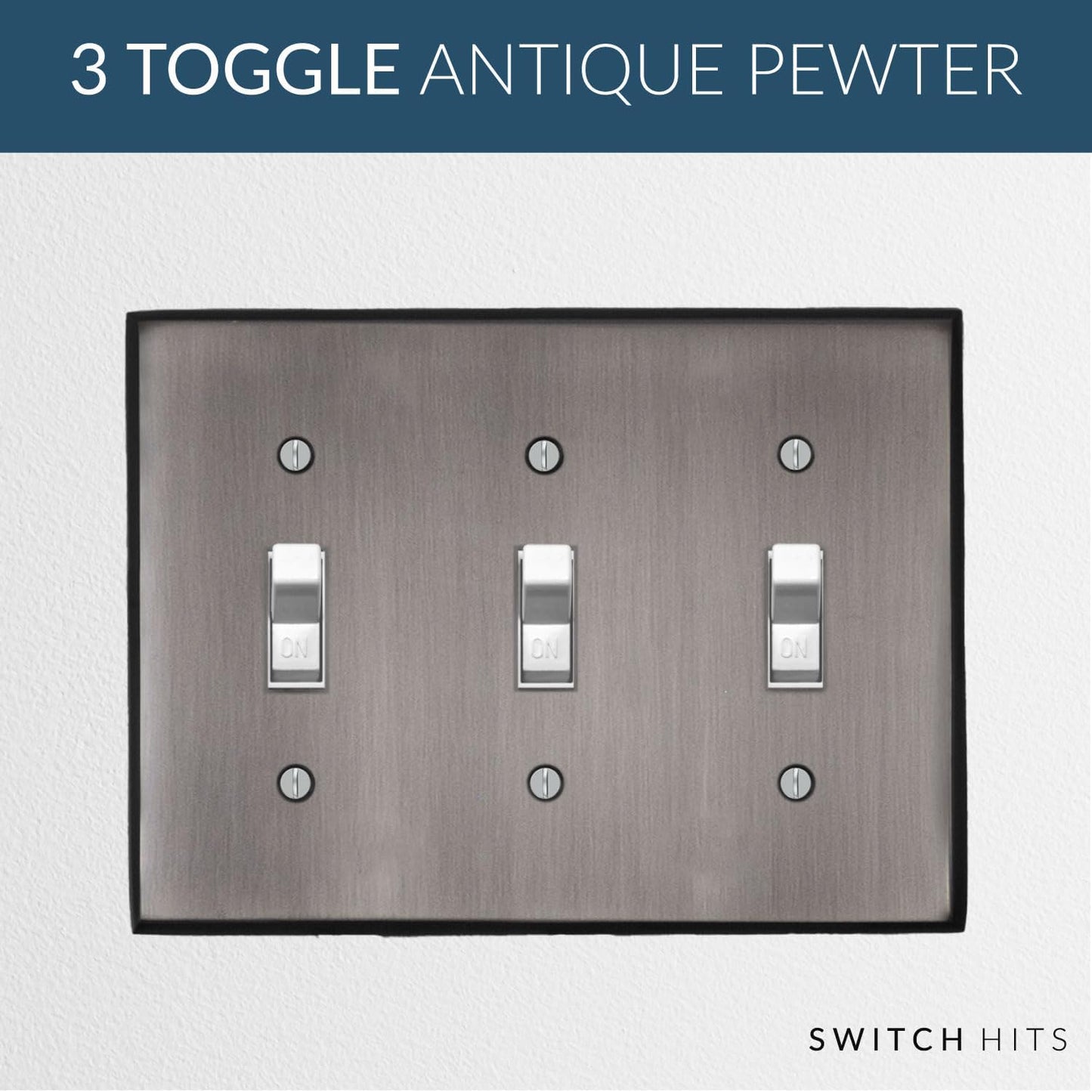 Antique Pewter Outlet Wall Plate | 3 Toggle | 6.25" x 4.5" | Hand-Polished Brass Construction | Electrical Switch Plate