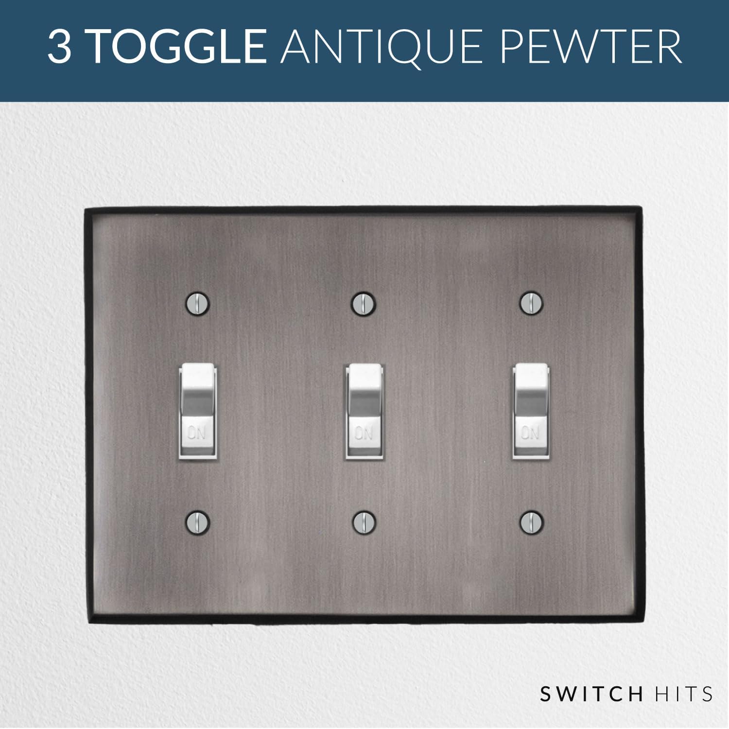 Antique Pewter Outlet Wall Plate | 3 Toggle | 6.25" x 4.5" | Hand-Polished Brass Construction | Electrical Switch Plate