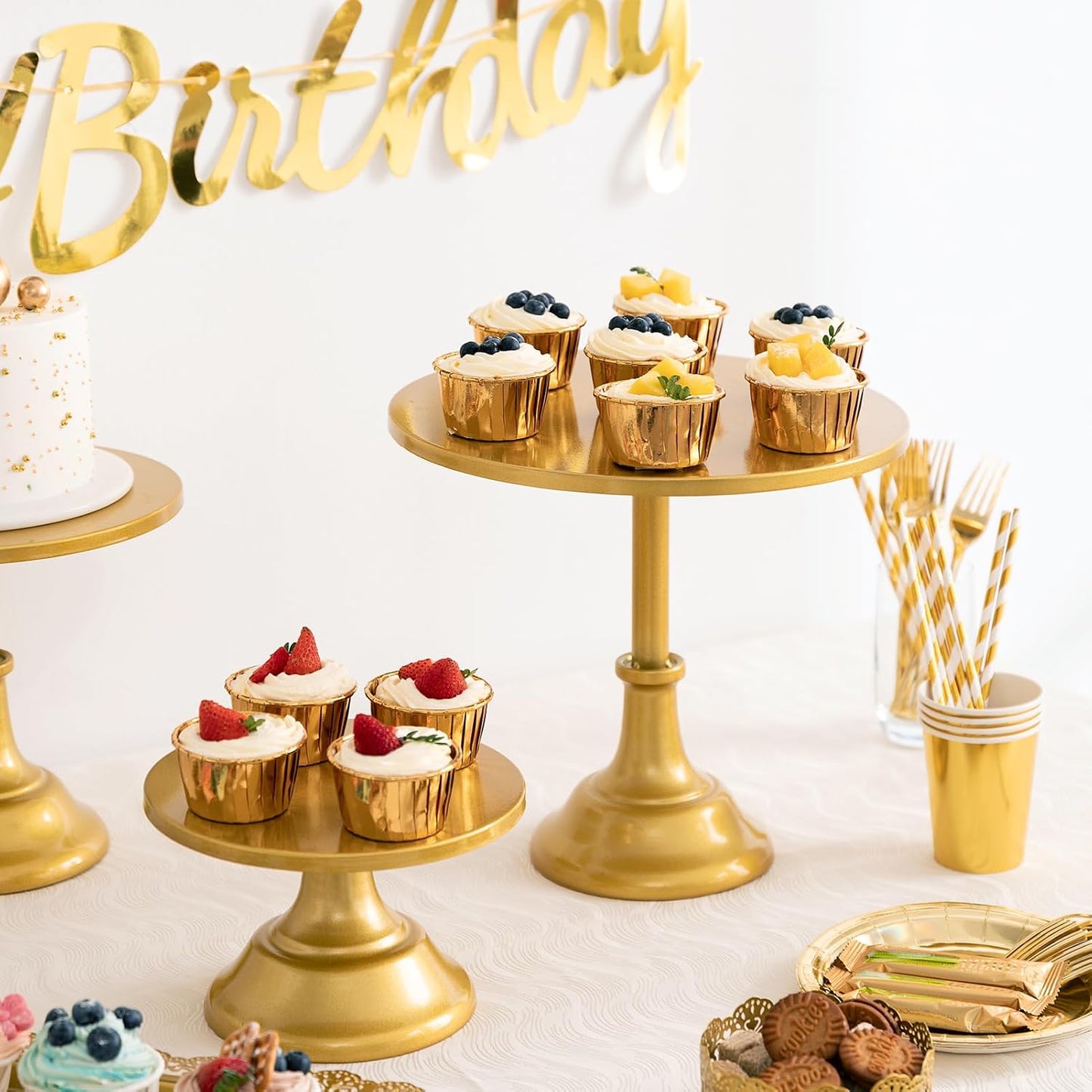 HBlife 3 PCS Gold Cake Stand Set (8"/10"/12" Cake Plate), Metal | Interchangeable Bases&Plates, Dessert Table Display