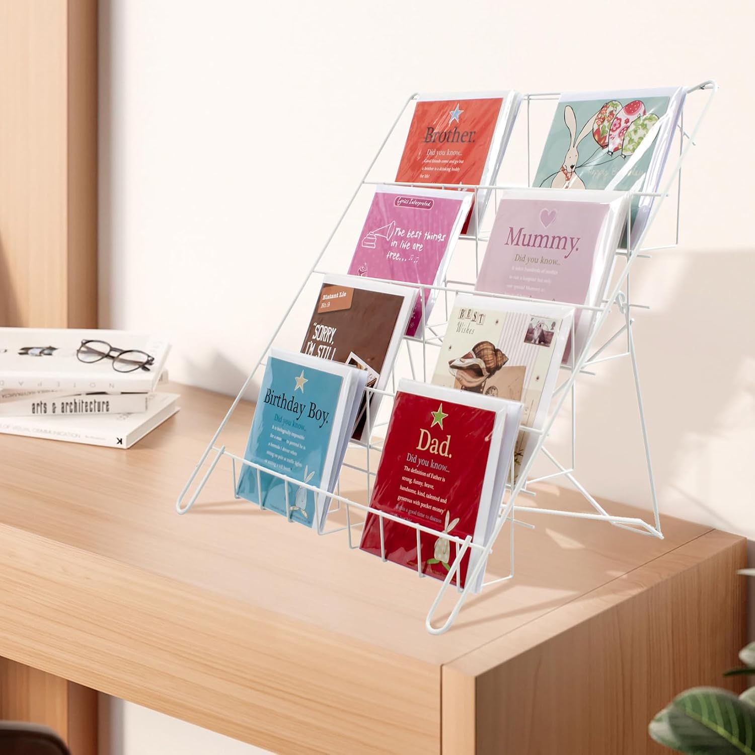 Wire Magazine Rack with 4 Open Tiers, Holds Both Magazines and Brochures, Includes Sign Channel at the Front - White