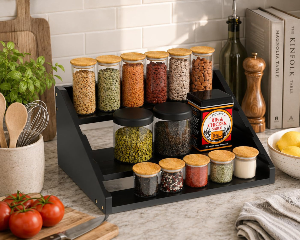 Solid Wood Spice Rack Organizer for Countertop & Cabinet, 4 Tier Adjustable Wooden Spice Shelf with Sliding Track