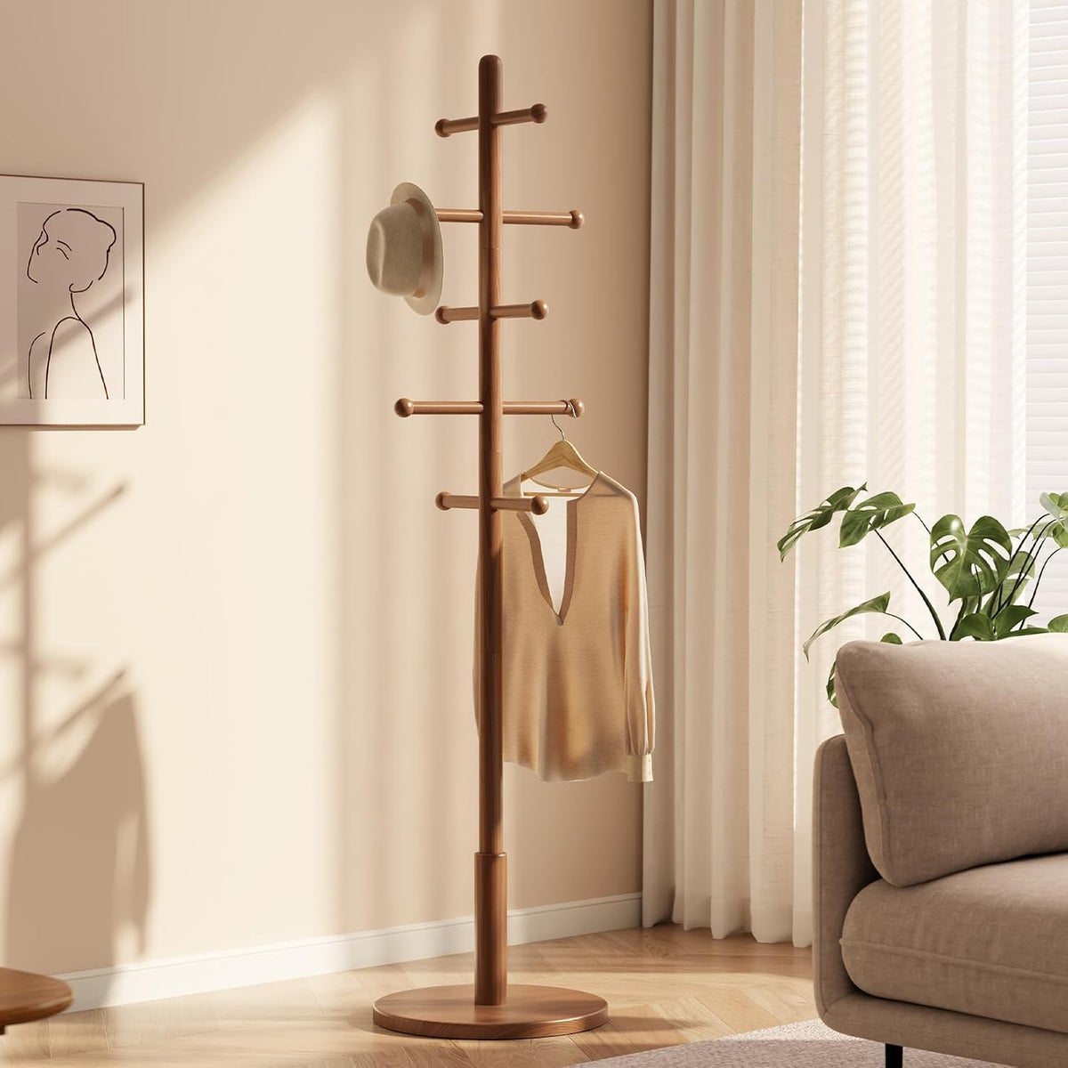 Solid Wood Coat Rack Freestanding with 10 Hooks, Coat tree freestanding 3 Adjustable Heights for coat, Hats, Handbags