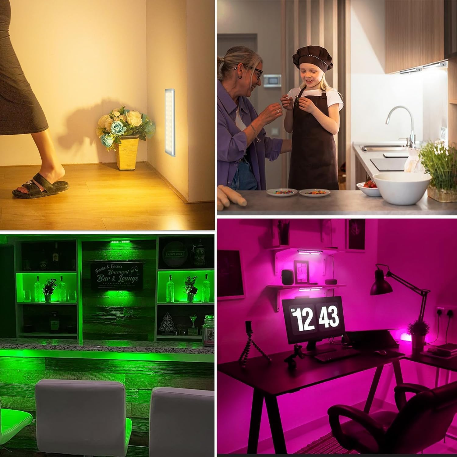 Under Cabinet Lights Wireless, 58-LED Rechargeable Motion Sensor Closet Lights with Remote Control, RGB Color Changing