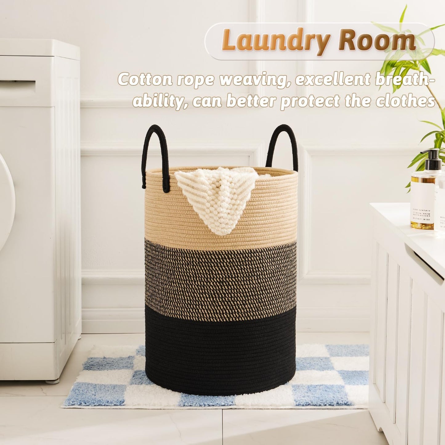 Laundry Basket / Woven Cotton Rope Laundry Hamper / Black & Brown / 60L
