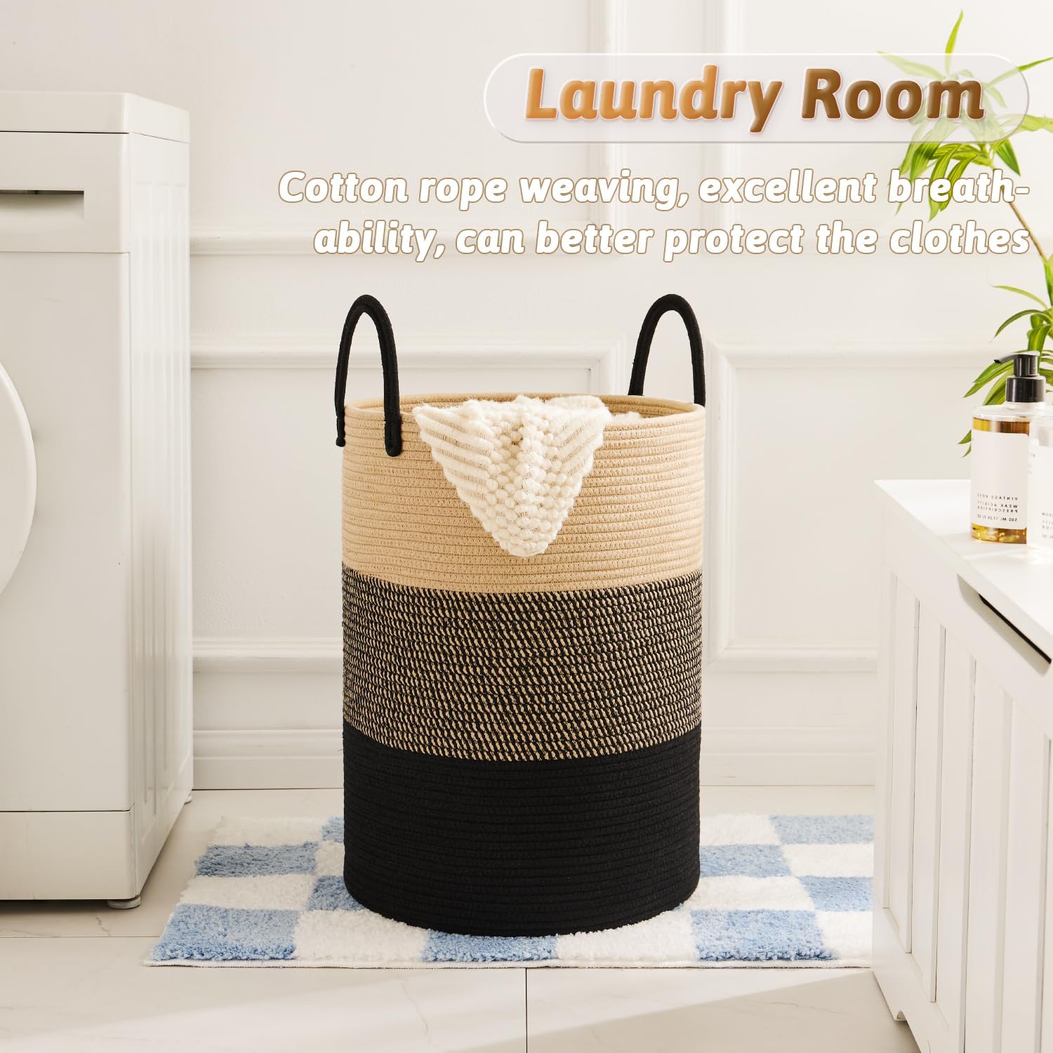 Laundry Basket / Woven Cotton Rope Laundry Hamper / Black & Brown / 60L