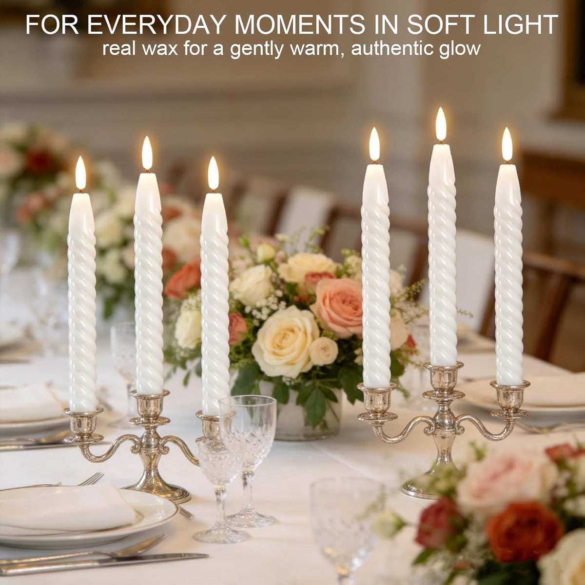 White Flameless Taper Candles Flickering with Remote Timer | LED Spiral Taper Candles, Flameless Candlesticks, Battery