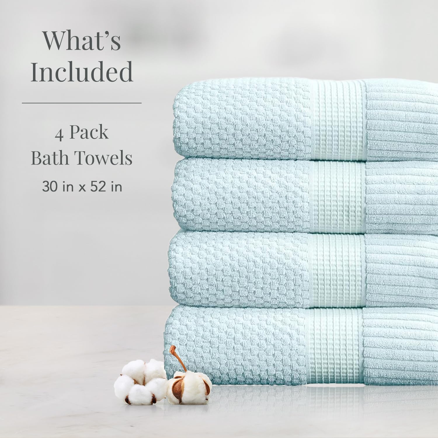 NY Loft 100% Cotton 4-Pack Bath Towel Set | Seafoam | Oeko-TEX | Quick-Dry | Four 30" x 52" Bath Towels | Super