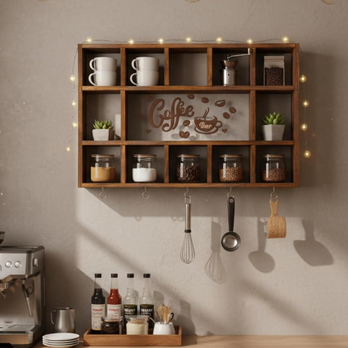 Cinnvoice Oversize Coffee Mug Display Shelf for Wall, Rustic Brown | Wood Coffee Mug Rack, Wall Mounted Shelf, Cubes