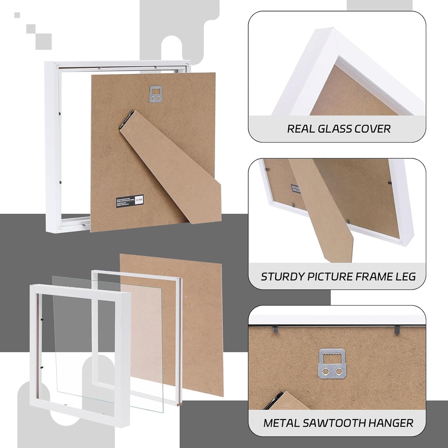 Muzilife 10x10 Shadow Box 3D Picture Frames, Wood, Real Glass, White,2 Pack | FSC-Certified MDF | With Stand | Tabletop