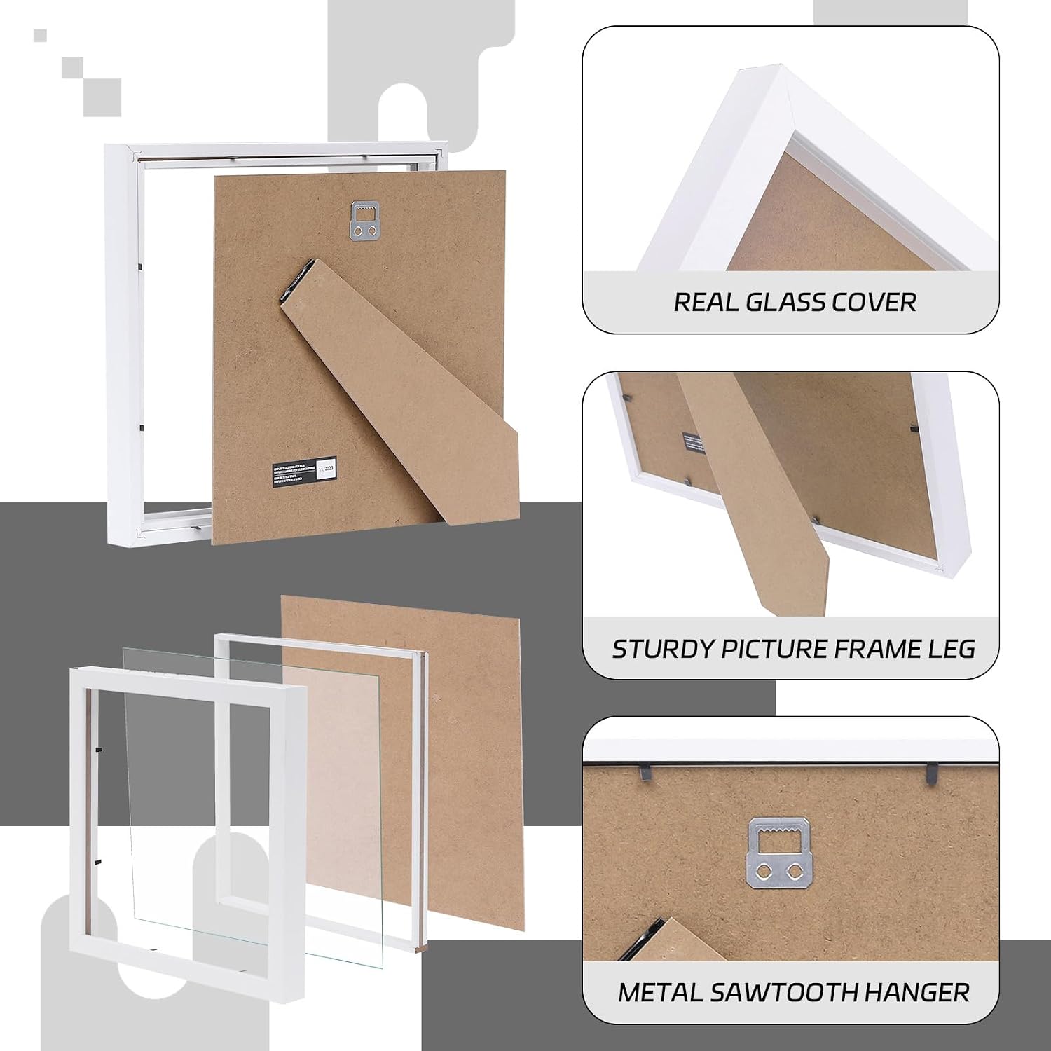 Muzilife 10x10 Shadow Box 3D Picture Frames, Wood, Real Glass, White,2 Pack | FSC-Certified MDF | With Stand | Tabletop