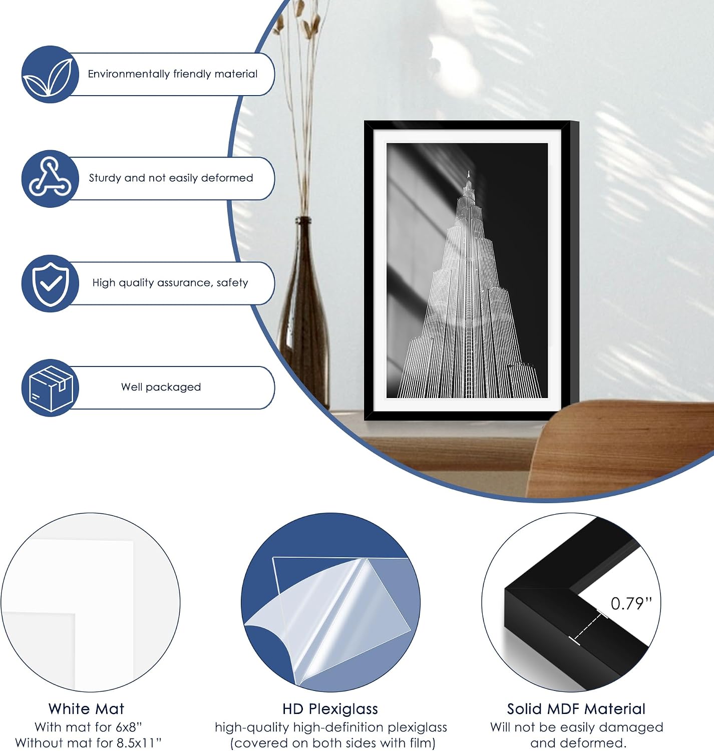 12x18 Picture Frame Set of 6, Wall Mounting Display, Black | Display 11x17 with Mat or 12x18 Without Mat, Horizontal or