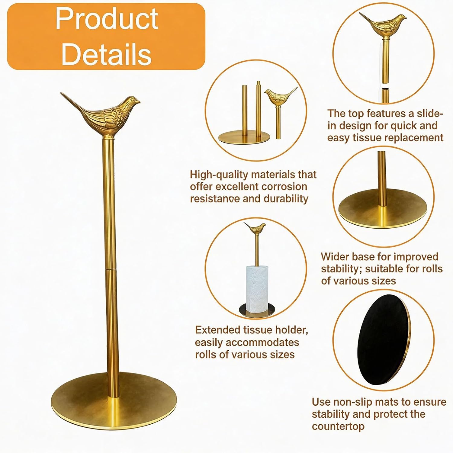 Gold Paper Towel Holder Countertop Brass Papertowel Holder with Removable Bird Decor