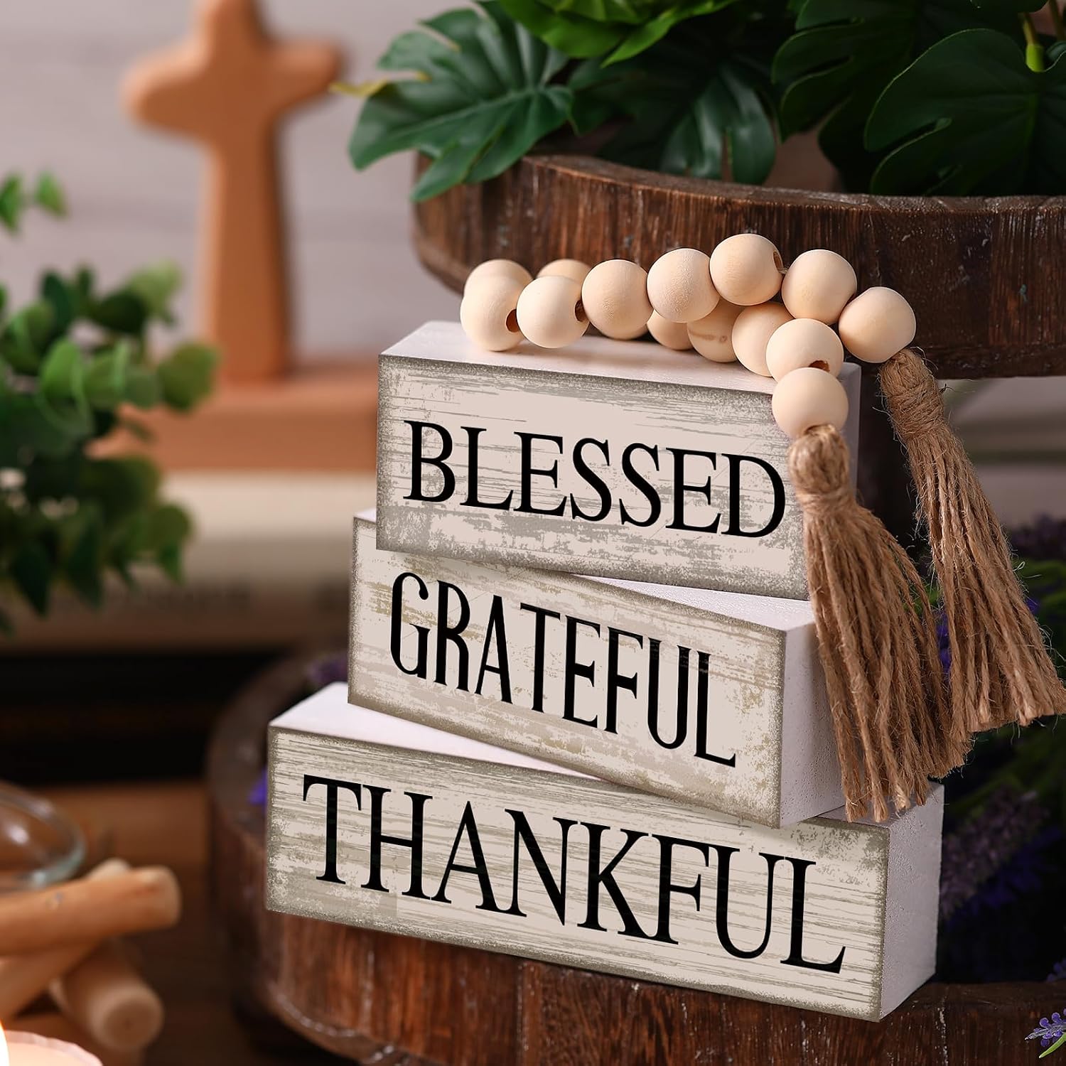 Farmhouse Wooden Tabletop Decor Neutral Farmhouse Tiered Tray Decor Rustic / Blessed / Set of 4