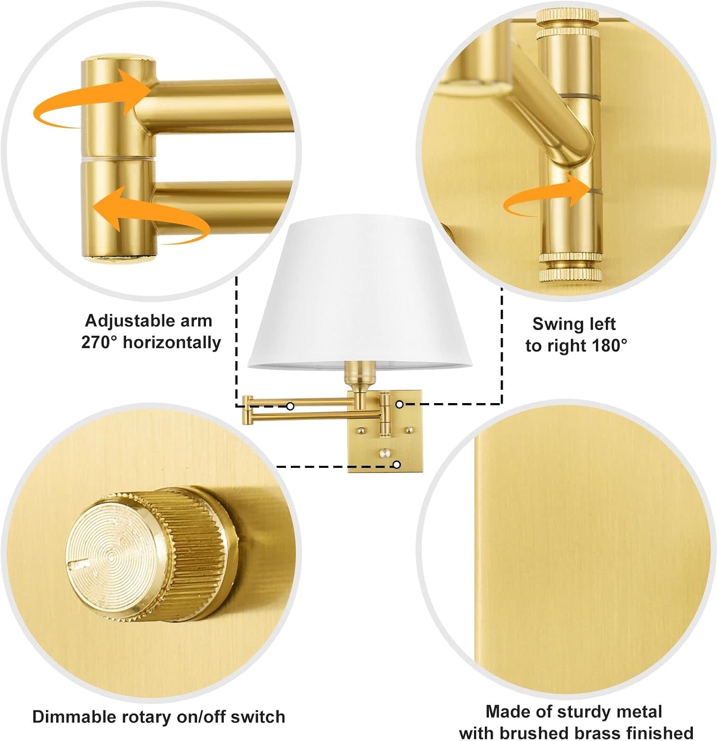 TRLIFE Remote Control Dimmable Wall Sconce, Adjustable Color Temperature 2700K-6500K Brushed Brass Swing Arm Wall