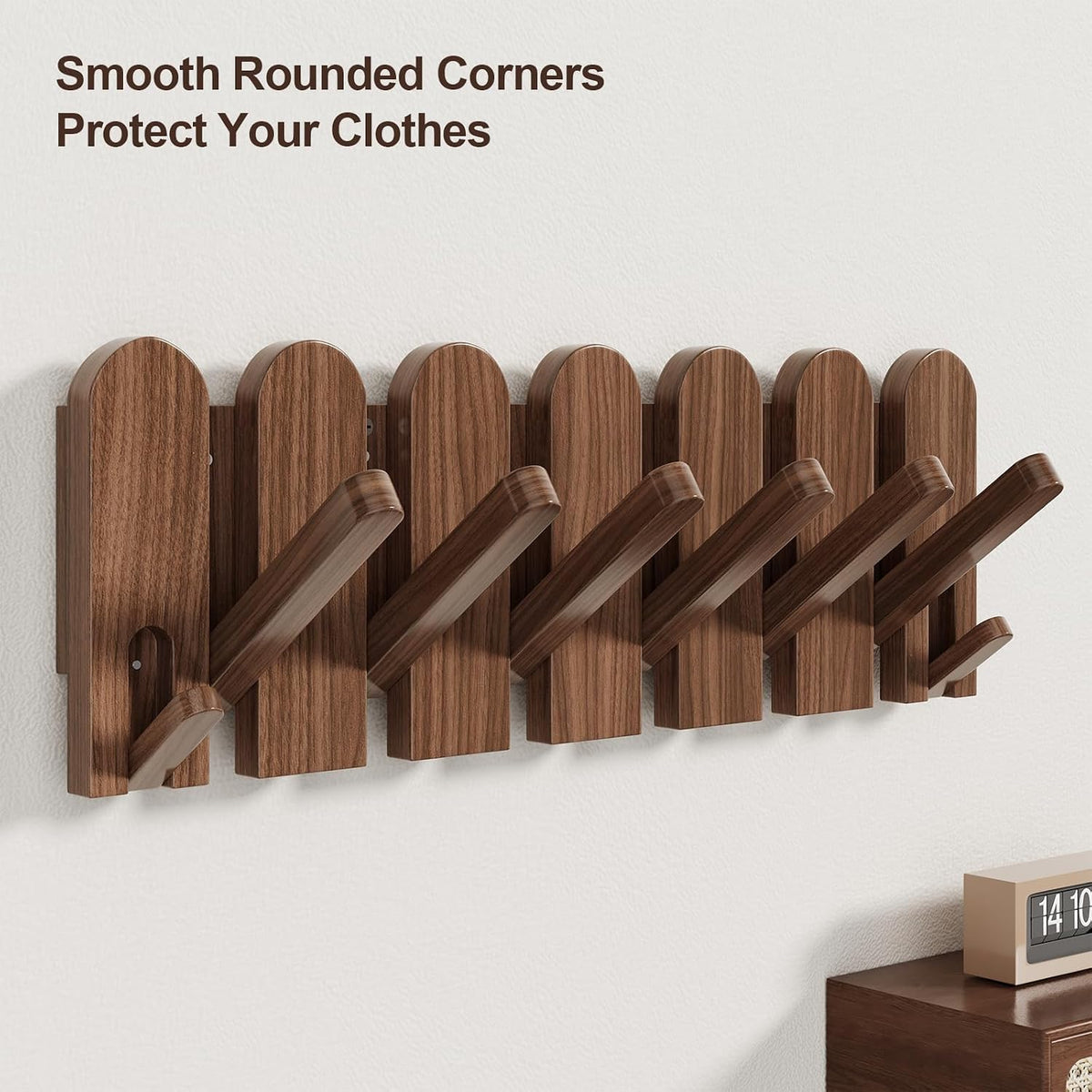 Walnut Wood Coat Rack Wall Mount,16.5" Wall Mounted Coat Rack with 8 Retractable Hangers,Heavy Duty Coat Hooks for