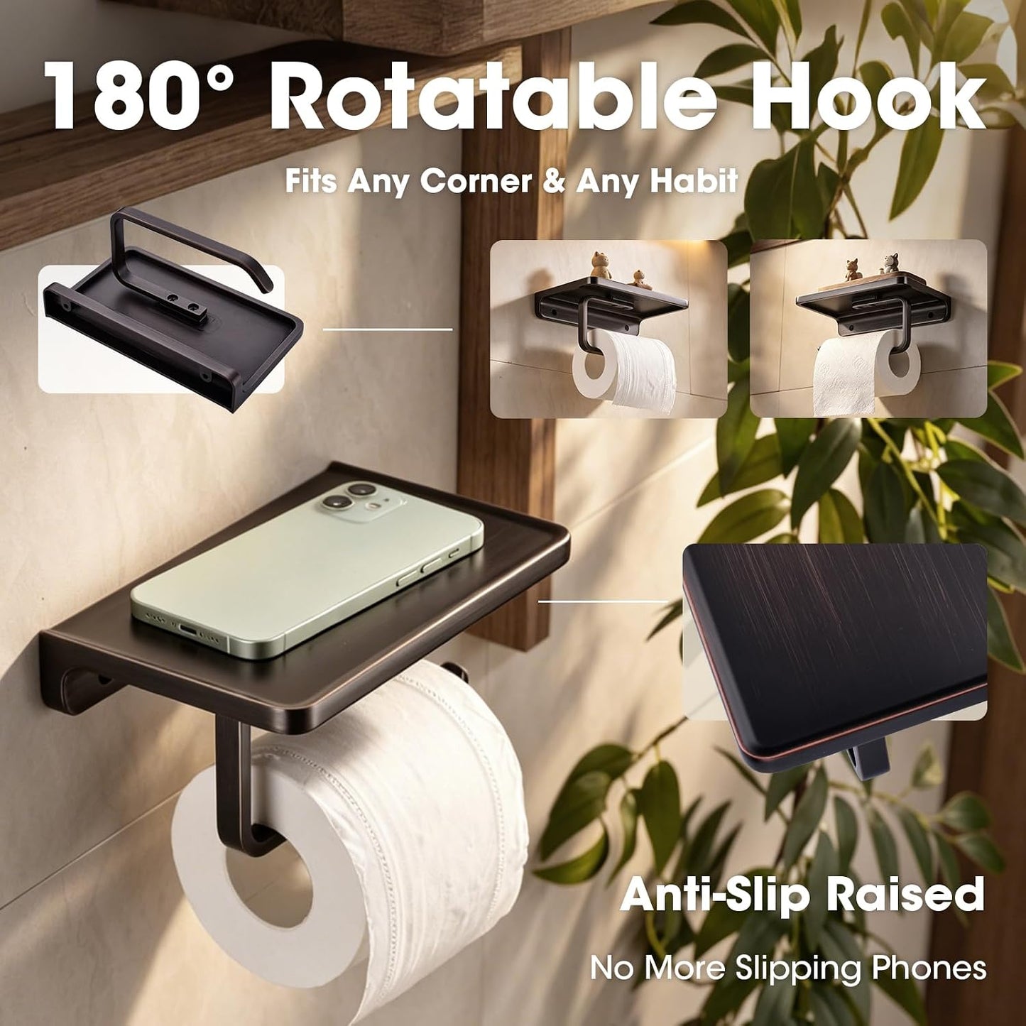 TRUSTMI Toilet Paper Holder with Shelf & Phone Stand, Oil Rubbed Bronze | Solid zinc alloy holder holds 15 lbs and fits