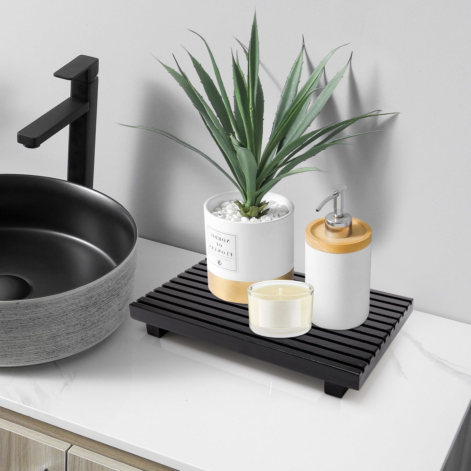 Bathroom Counter Tray Organizer Wood Riser Stand Kitchen Countertop Trays Wooden / 12 x 6.7 / Black