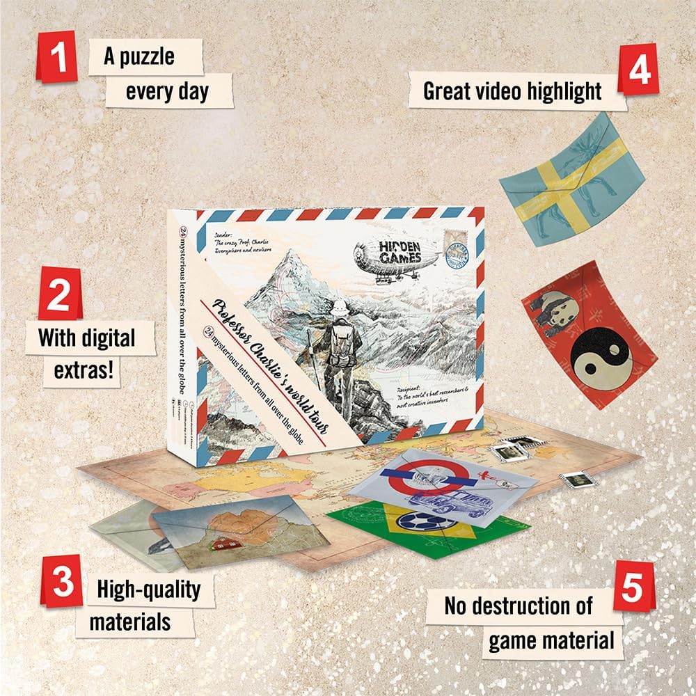 Hidden Games – Professor Charlie's World Tour – Puzzle Advent Calendar | 24 envelopes of puzzles around the world with