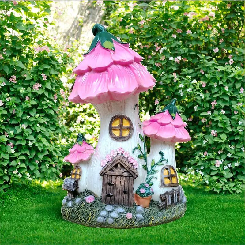 Mushroom House Fairy Garden Statue / Pink / 7.7 Inch