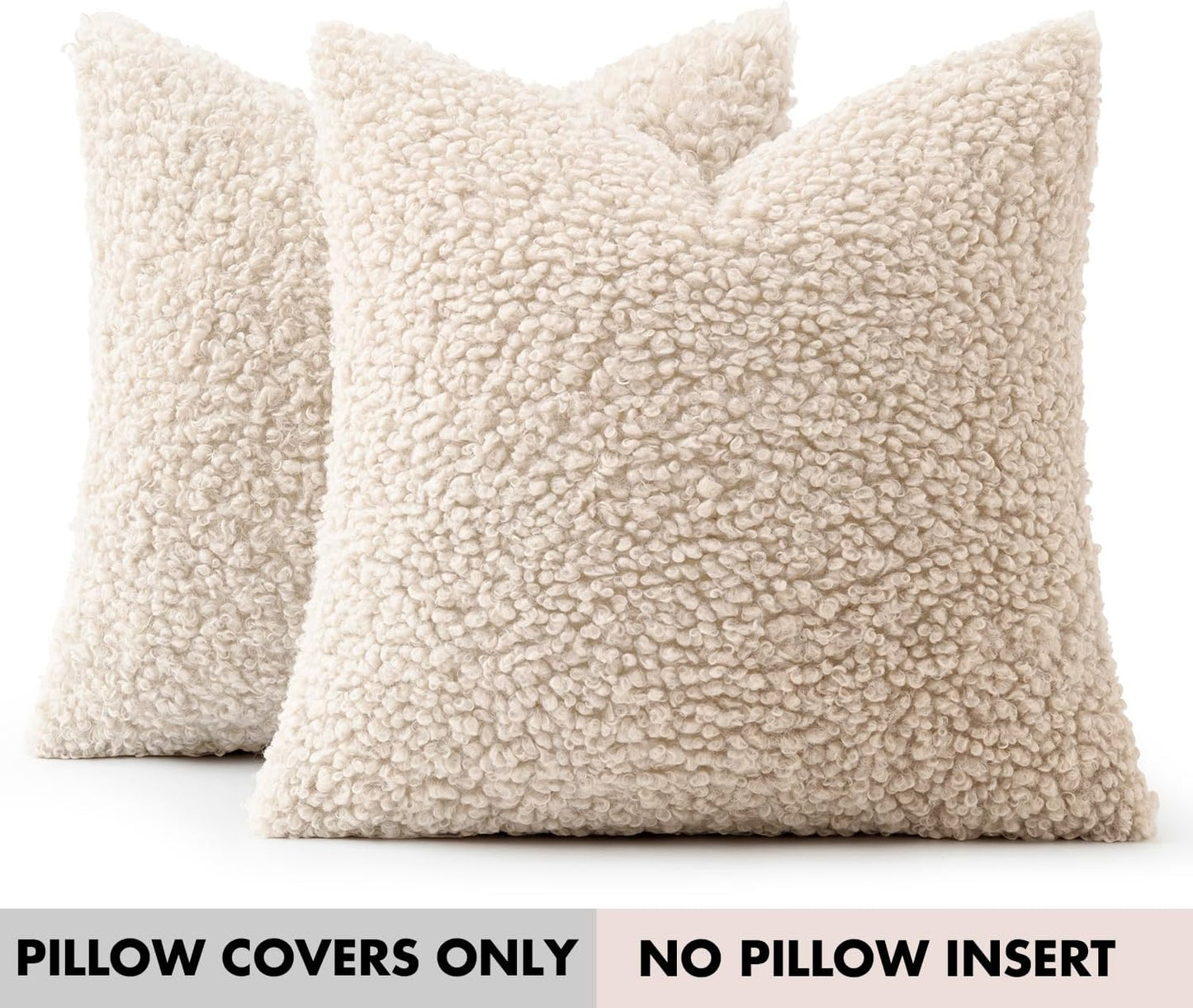 Faux Fur Throw Pillow Covers Boucle Neutral Decorative Sherpa Fuzzy / 18 x 18 / Beige / Set of 2